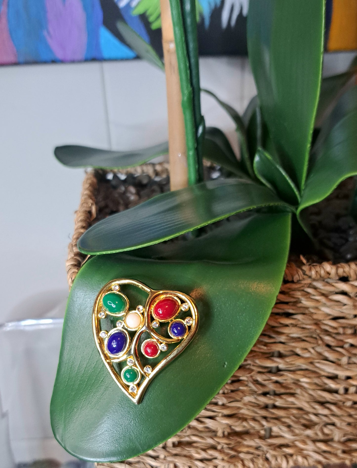 Vtg Multicolored Stone Heart Shaped Brooch Pin