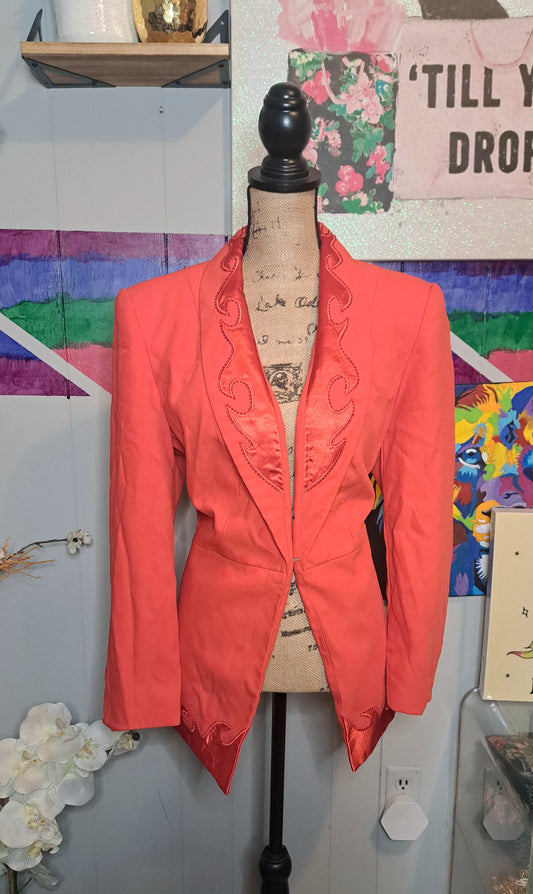 Vtg Tangerine Orange Blazer with Satin Beaded Embellished Lapel & One Hook Closure SZ 14W