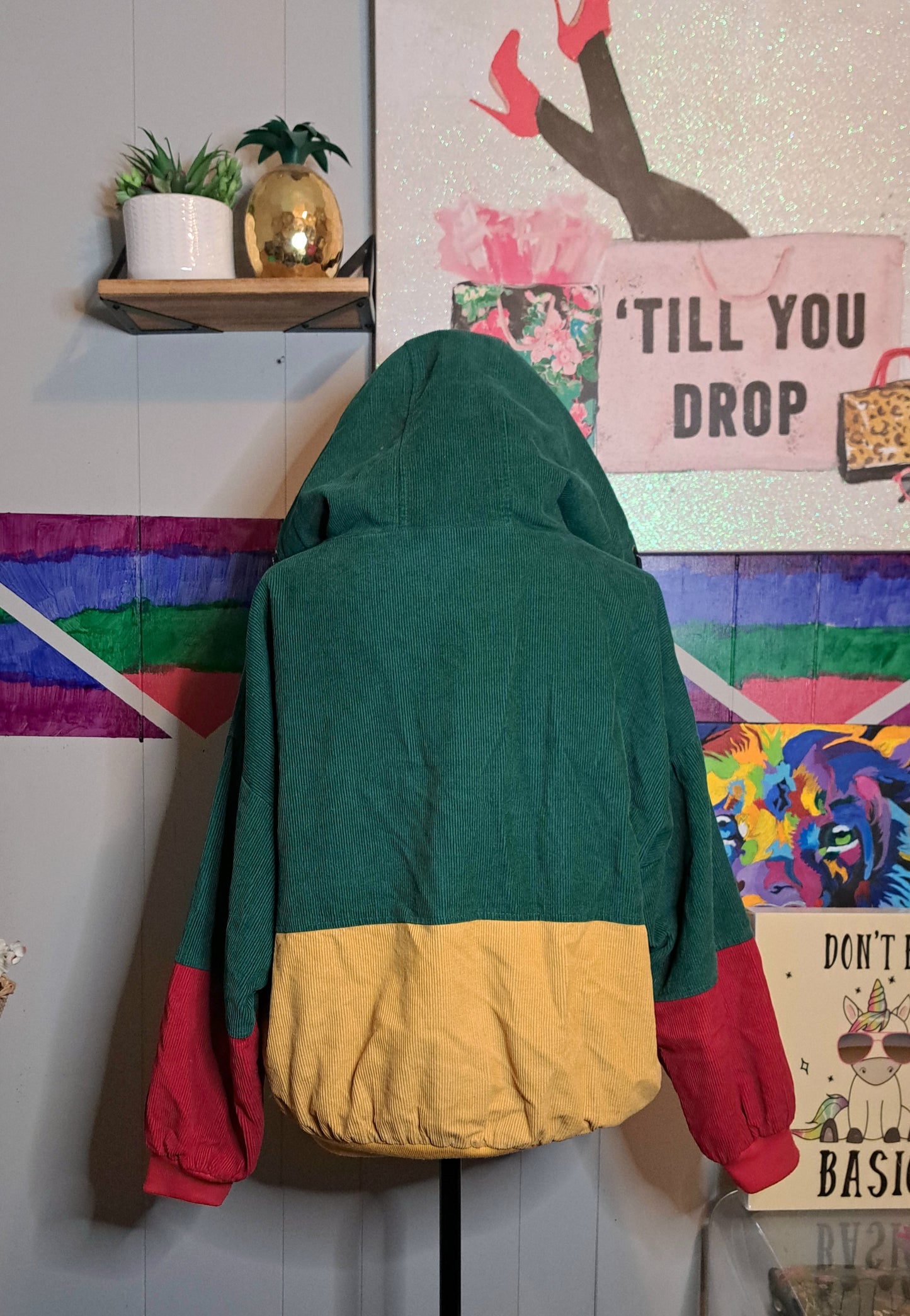 Colorblock Corduroy Zipper & Snap Button Closure Hoodie Jacket with Pockets SZ Medium (Fits up to a large)