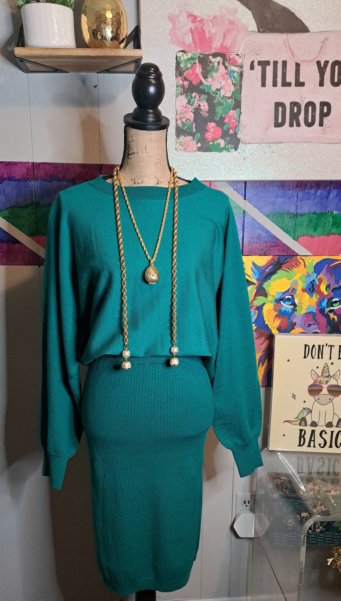 Nwot Ribbed Teal 2pc Sweater & Skirt with side slits Set SZ Medium (with stretch)