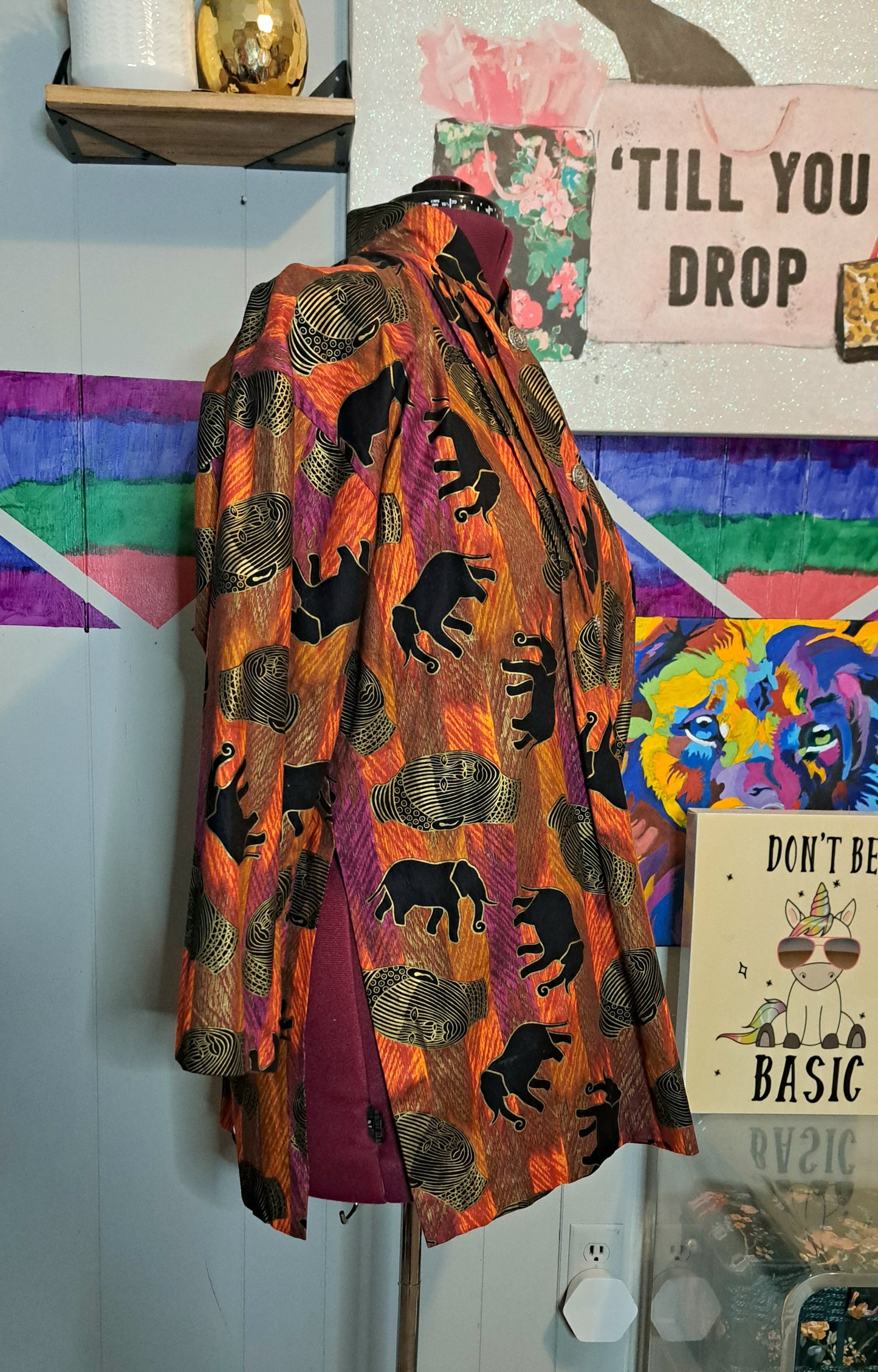 Vtg African Head & Elephant Print Button Down Jacket SZ 1X/2X Ptp 28in