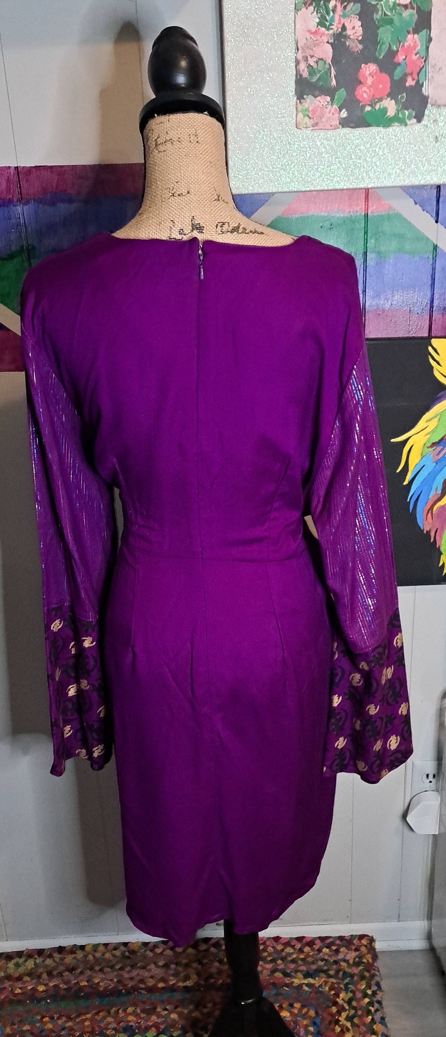 ASHRO Purple/Blk/Gold Metallic Patchwork Print Bells Sleeve Tunic Top with Back zipper SZ XL (Ptp 24.5in Waist 21in)