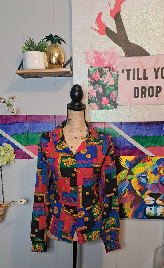 Vtg Alfred Dunner Colorblock Baroque Print Button Down Top SZ 20 (Best Fits 14/16) Ptp 24.5in