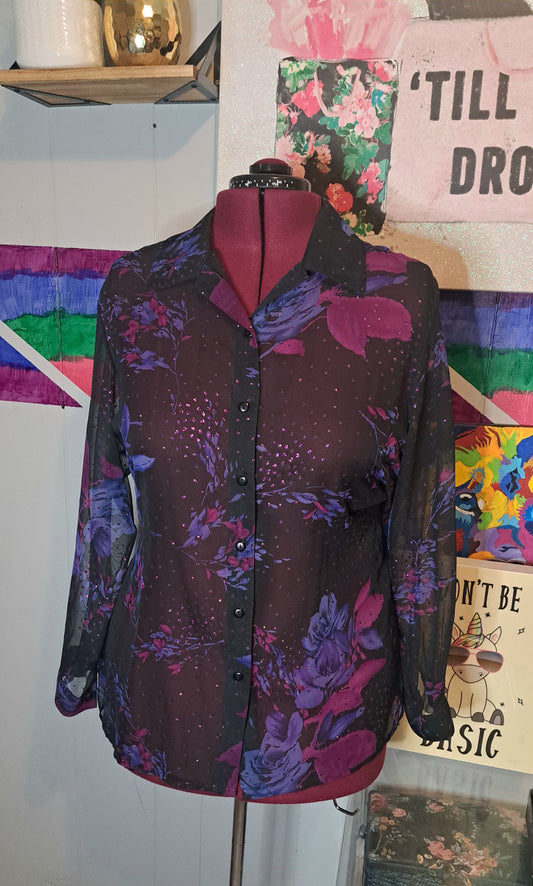 Vtg Semisheer Blk/Purple/Pink Button Down Top SZ 1X