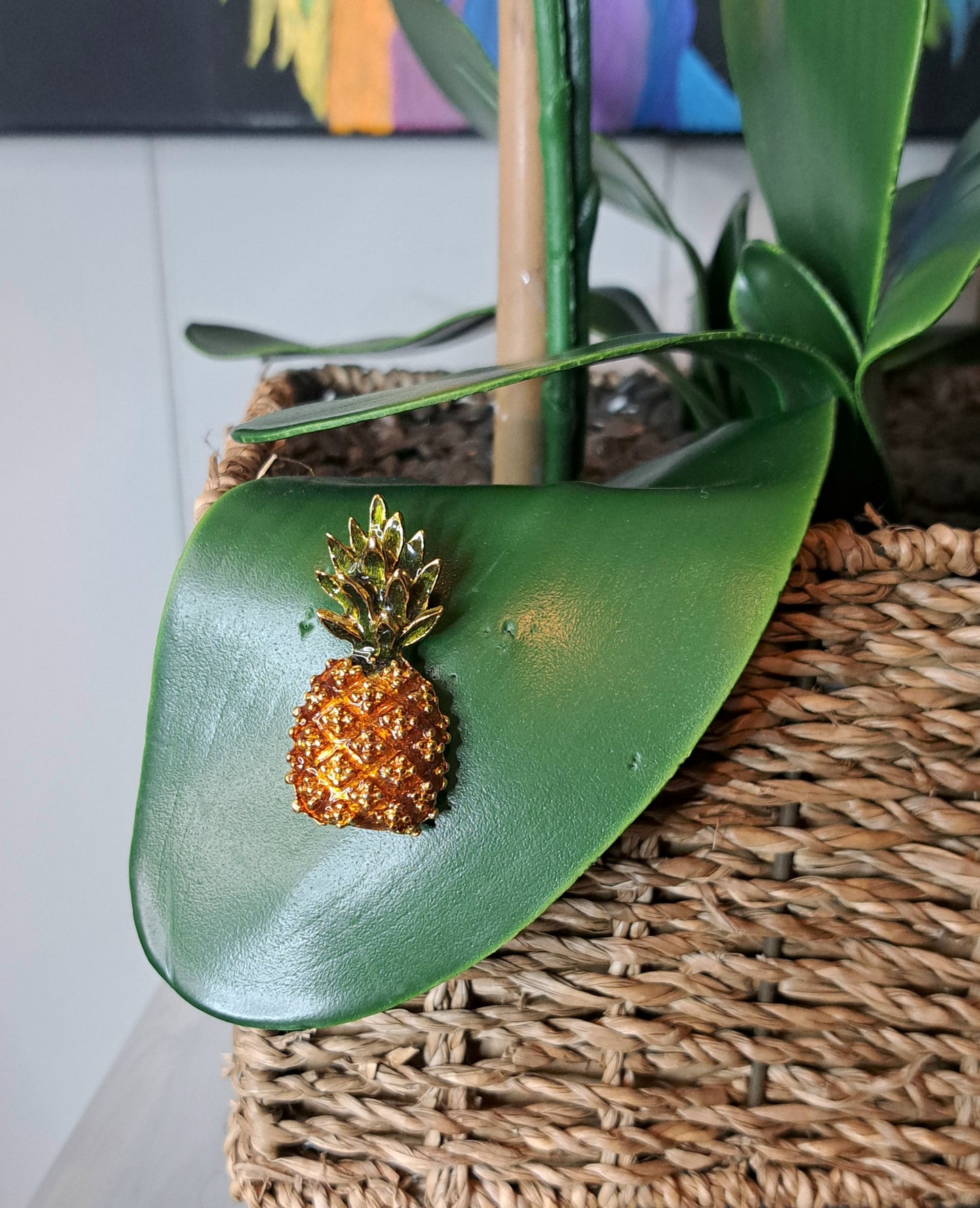 Vtg Acrylic Gold Tone Pineapple Brooch Pin