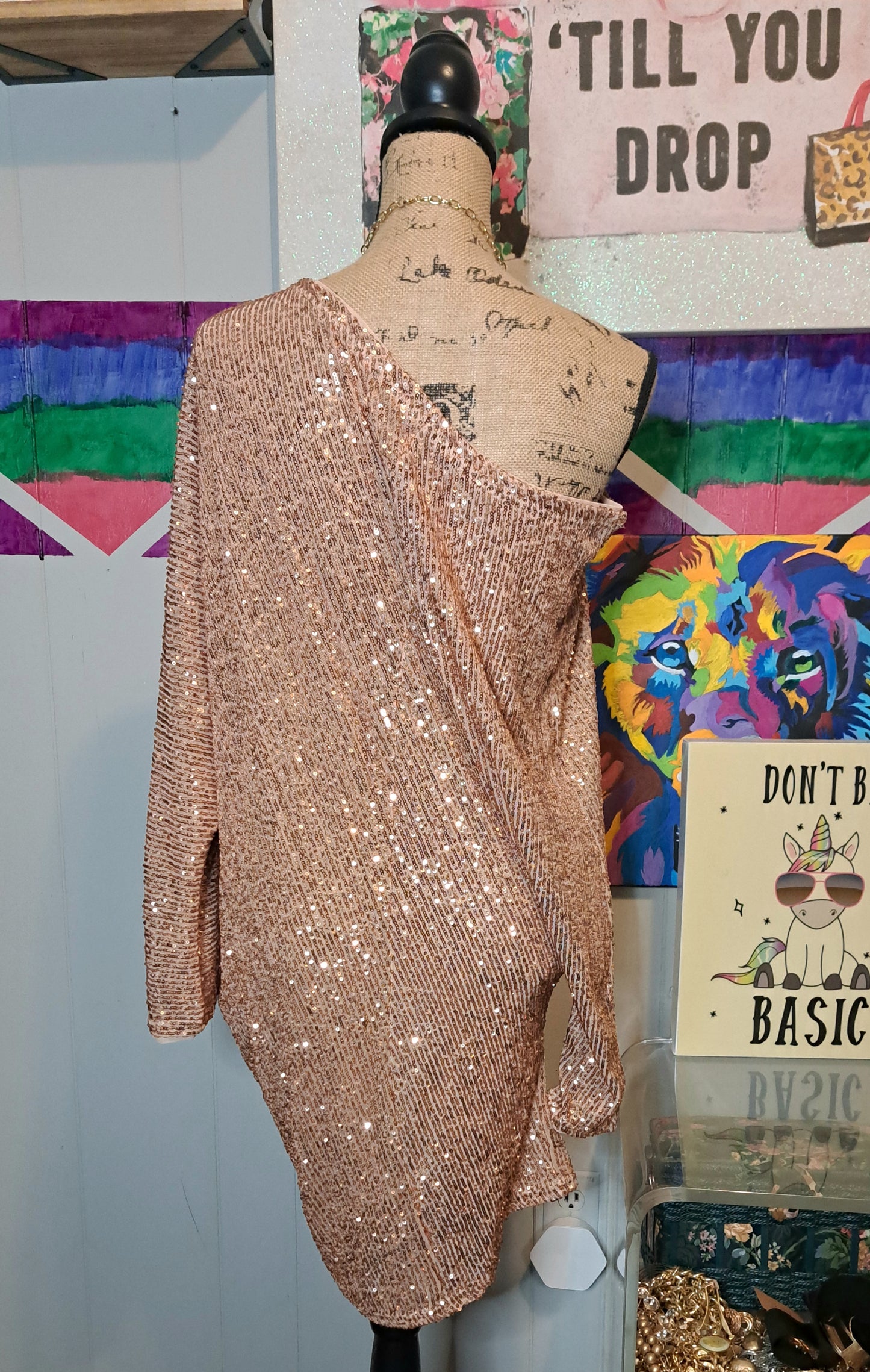 Fashion Nova Champagne Gold Sequin Off Shoulder Dress SZ Medium (With Stretch)