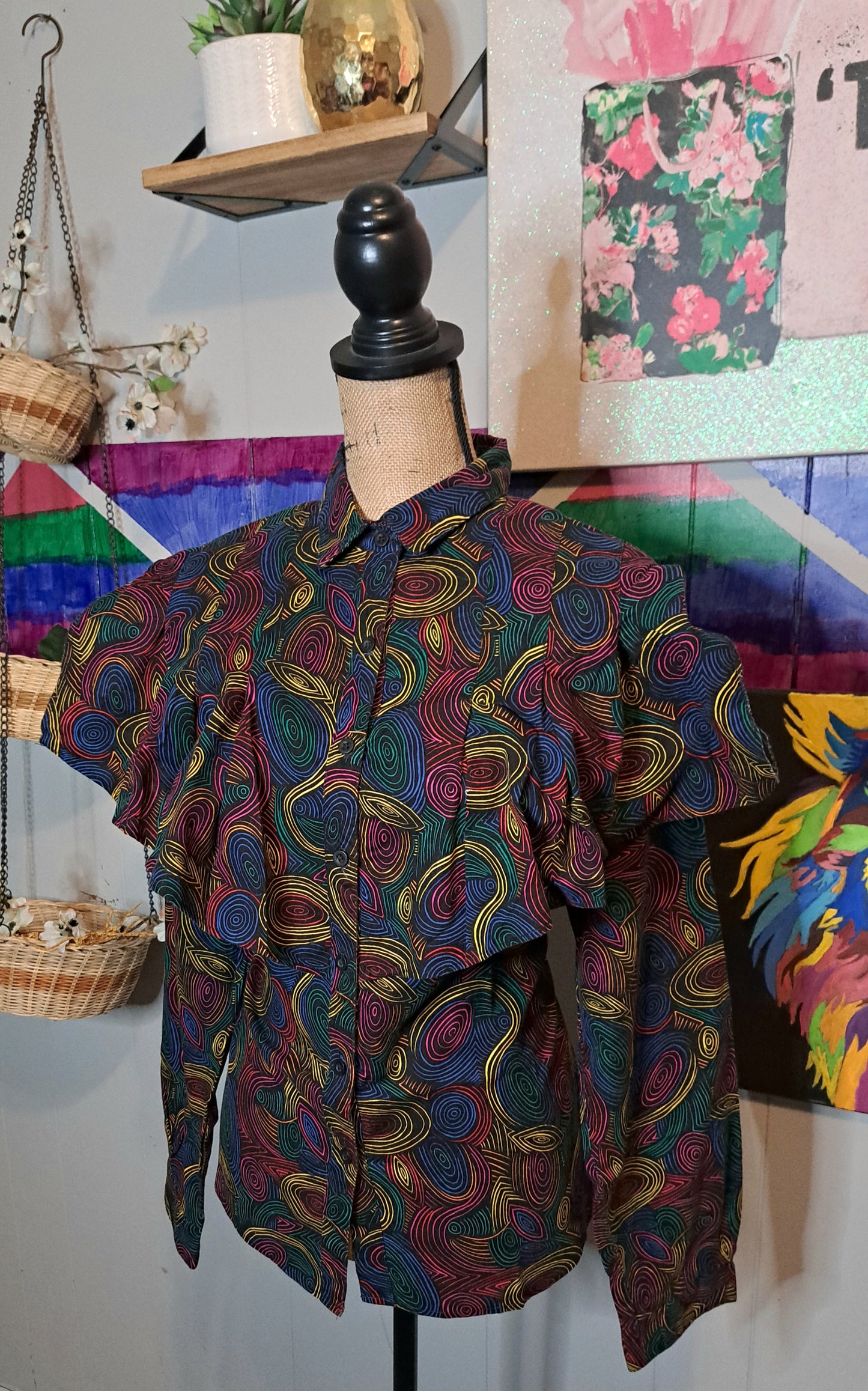 Vtg Circle T Blk Multicolored Exaggerated Ruffled Collar Button Down Top SZ 17/18 (Ptp 22.5in) Best Fits 12/14