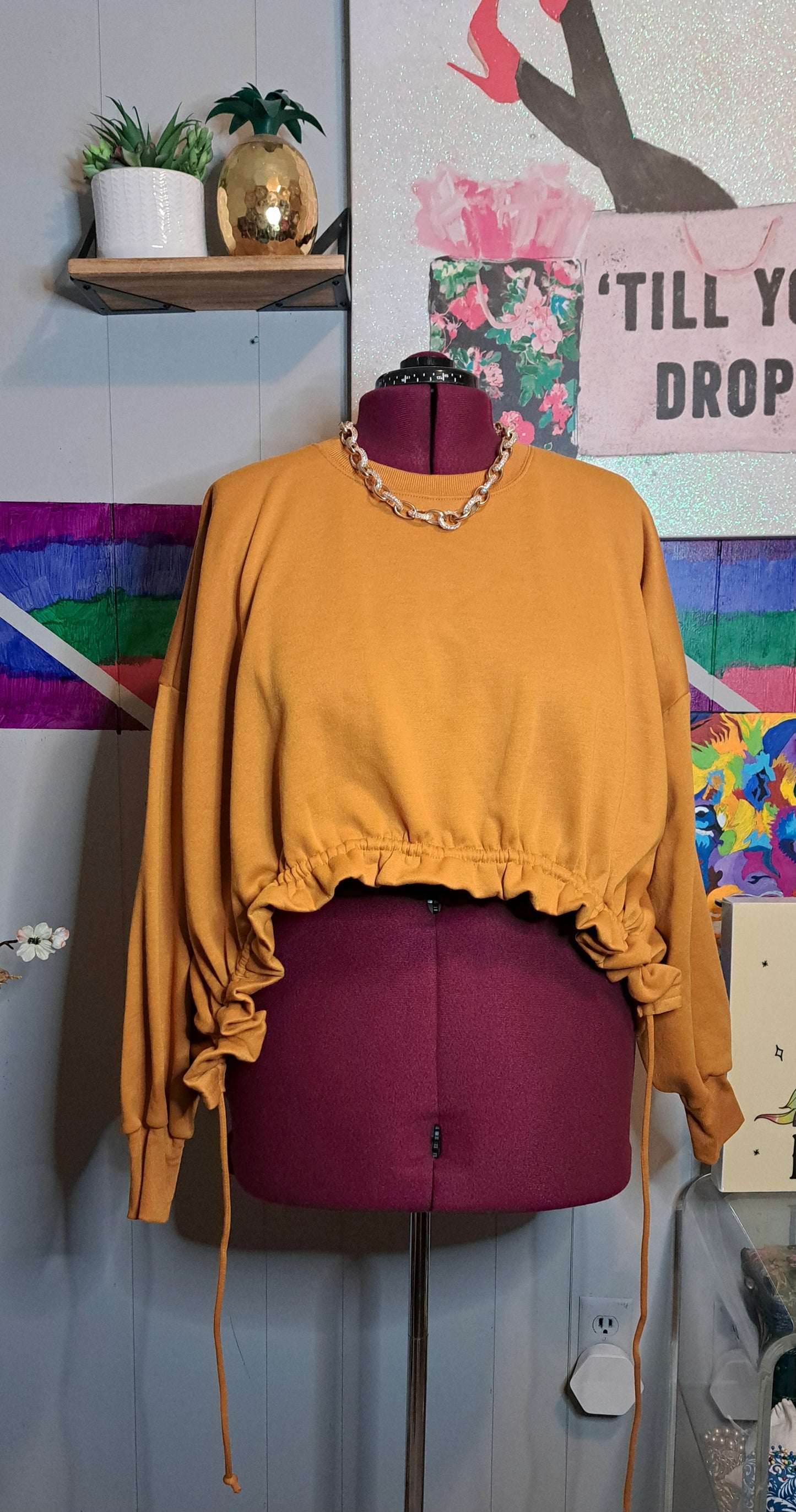 Mustard Yellow Adjustable Ruched Cropped Sweater SZ 1X