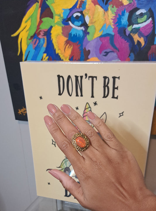 Vtg Inspired Antique Style Rounded Coral Stone Adjustable Ring (Best Fits 6-10)