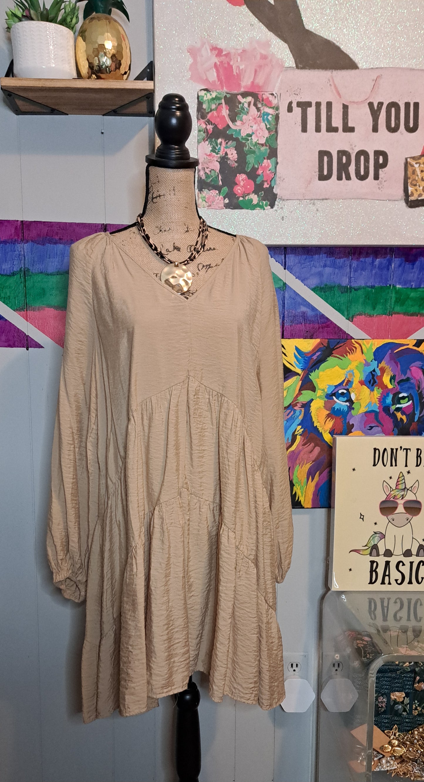 H&M Beige Crinkle Textured Babydoll Dress SZ Large