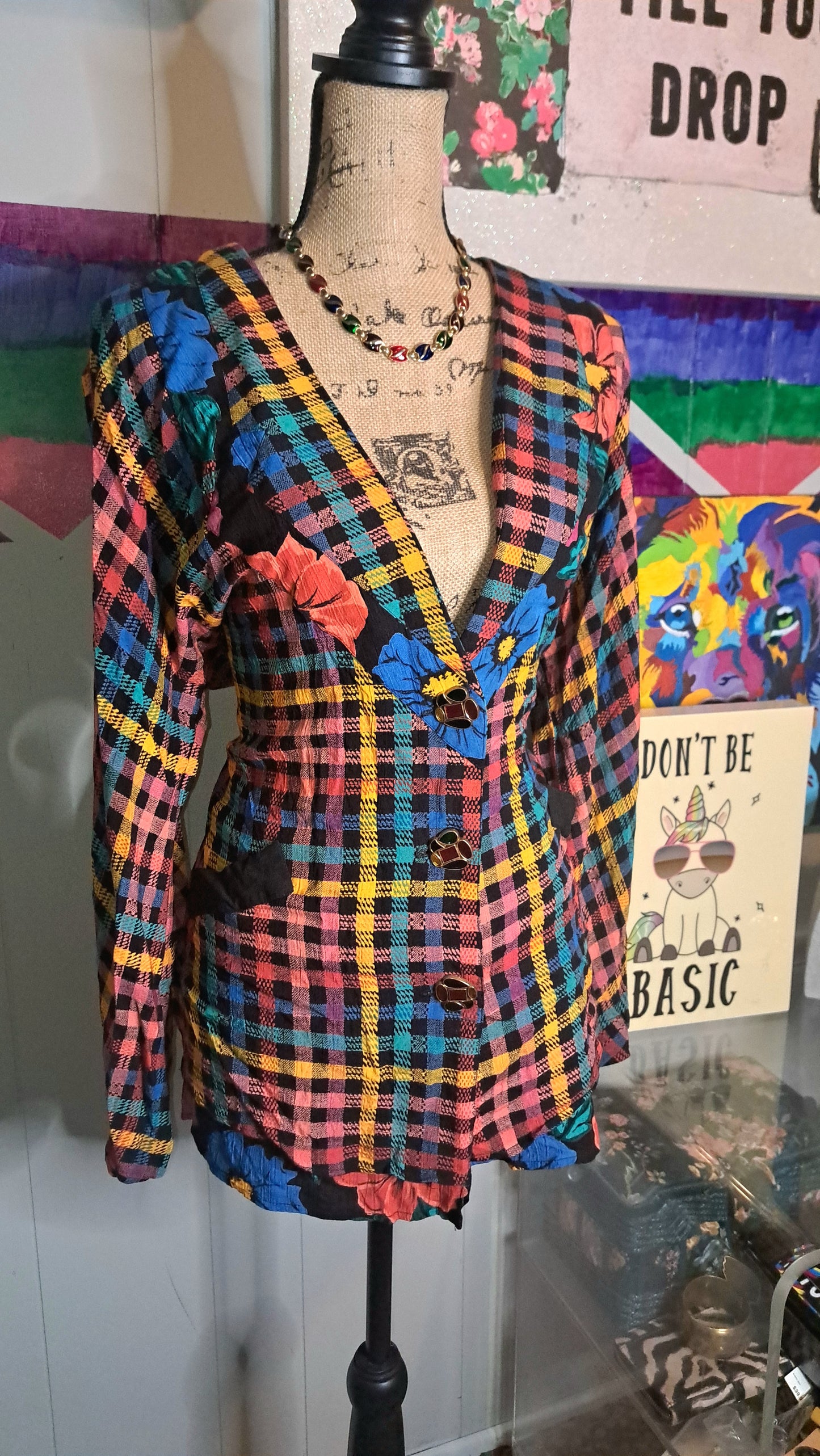 Vtg Carol Little Multicolored Gingham Printed Lighweight Blazer with Pockets SZ 10 (Fits up to a SZ 14) Ptp 24in