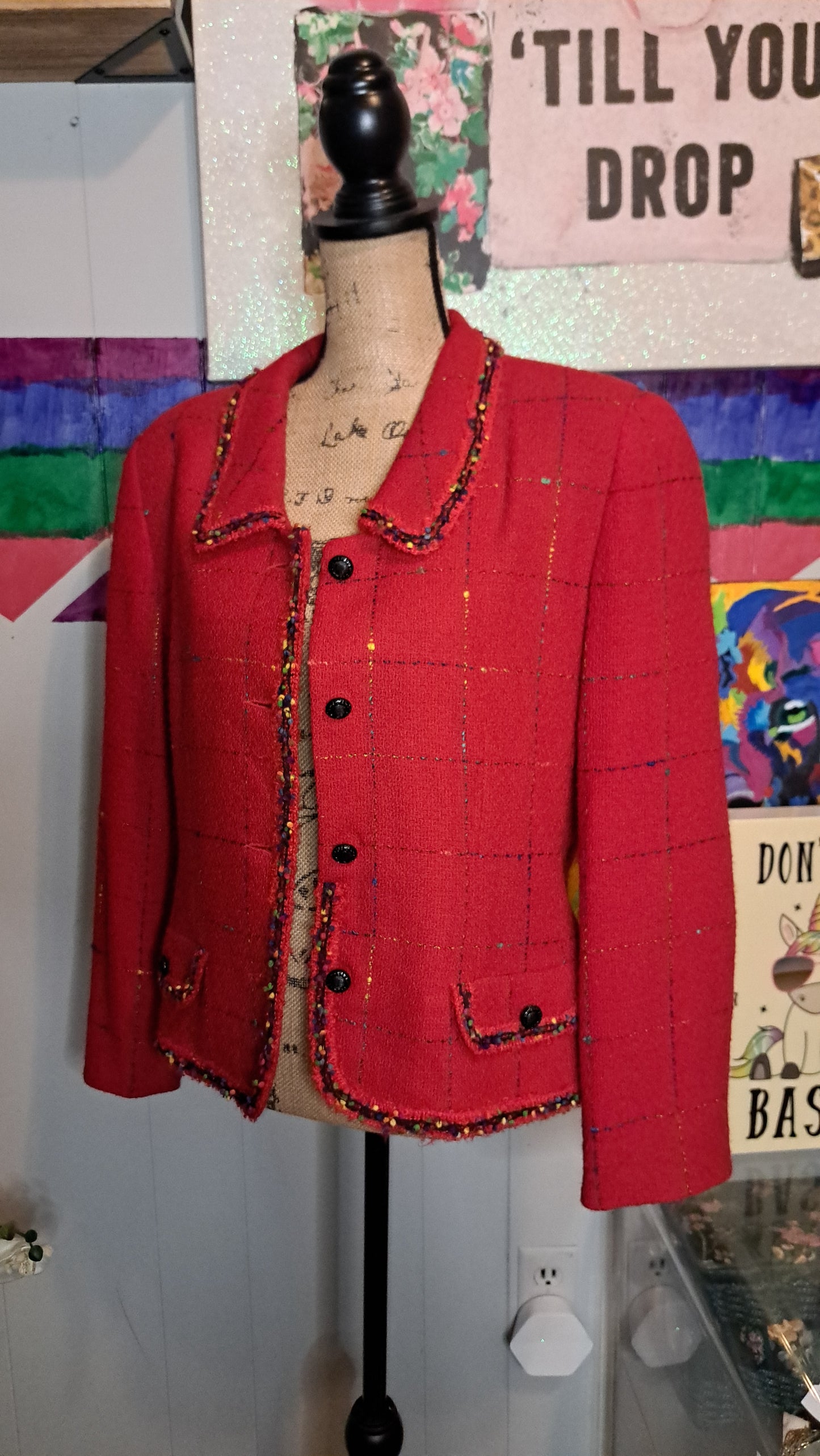 Vtg Rickie Freeman Wool Red/Multicolored Tweed Blazer with Faux Pockets SZ 14 (ptp 22in)