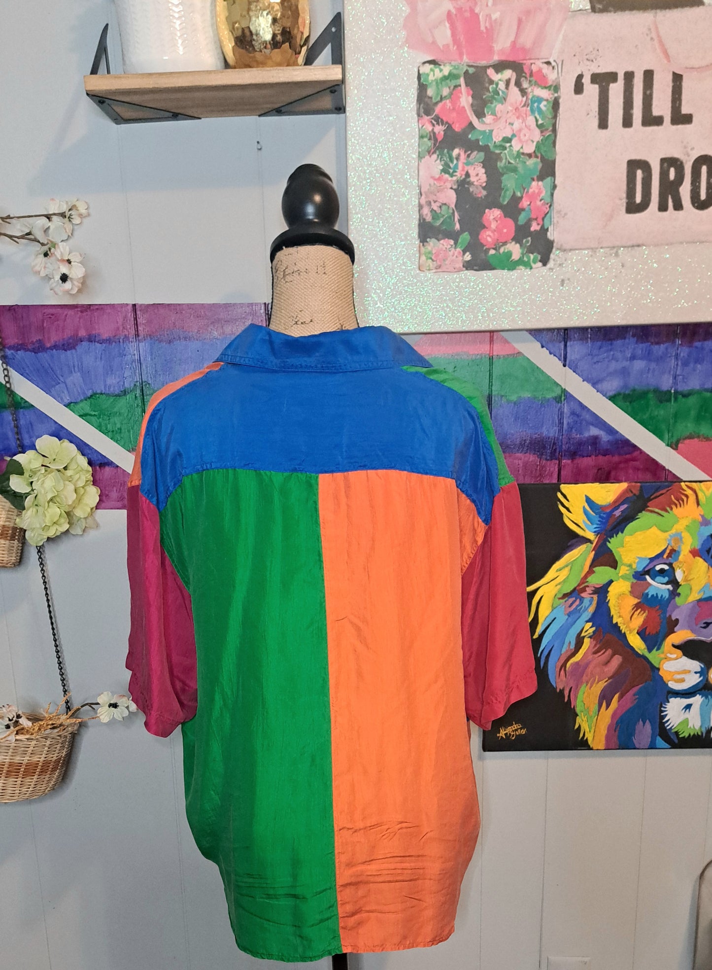 Vtg Blair Boutique 100% Silk Colorblock Button Down Top XL (Ptp 25in)