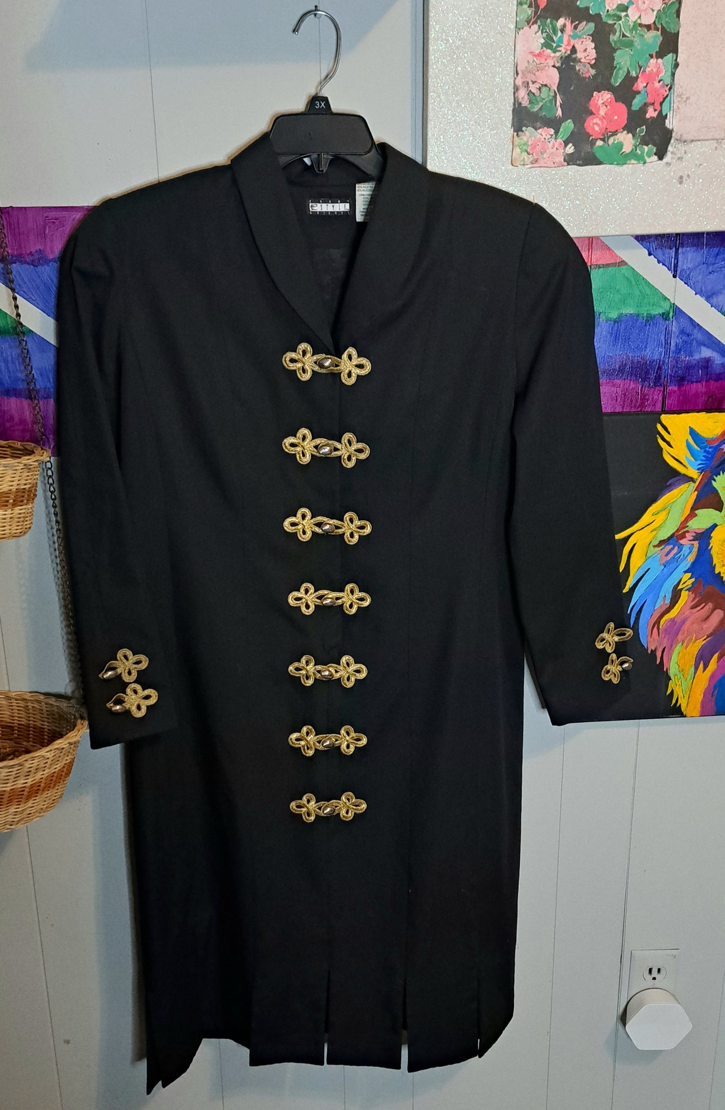 Vtg Ebony Spiegel Blk/Gold Military Style Dress with Flap Slit Hem SZ 16 (Best Fits SZ 14) ***One non functional button missing on left sleeve***