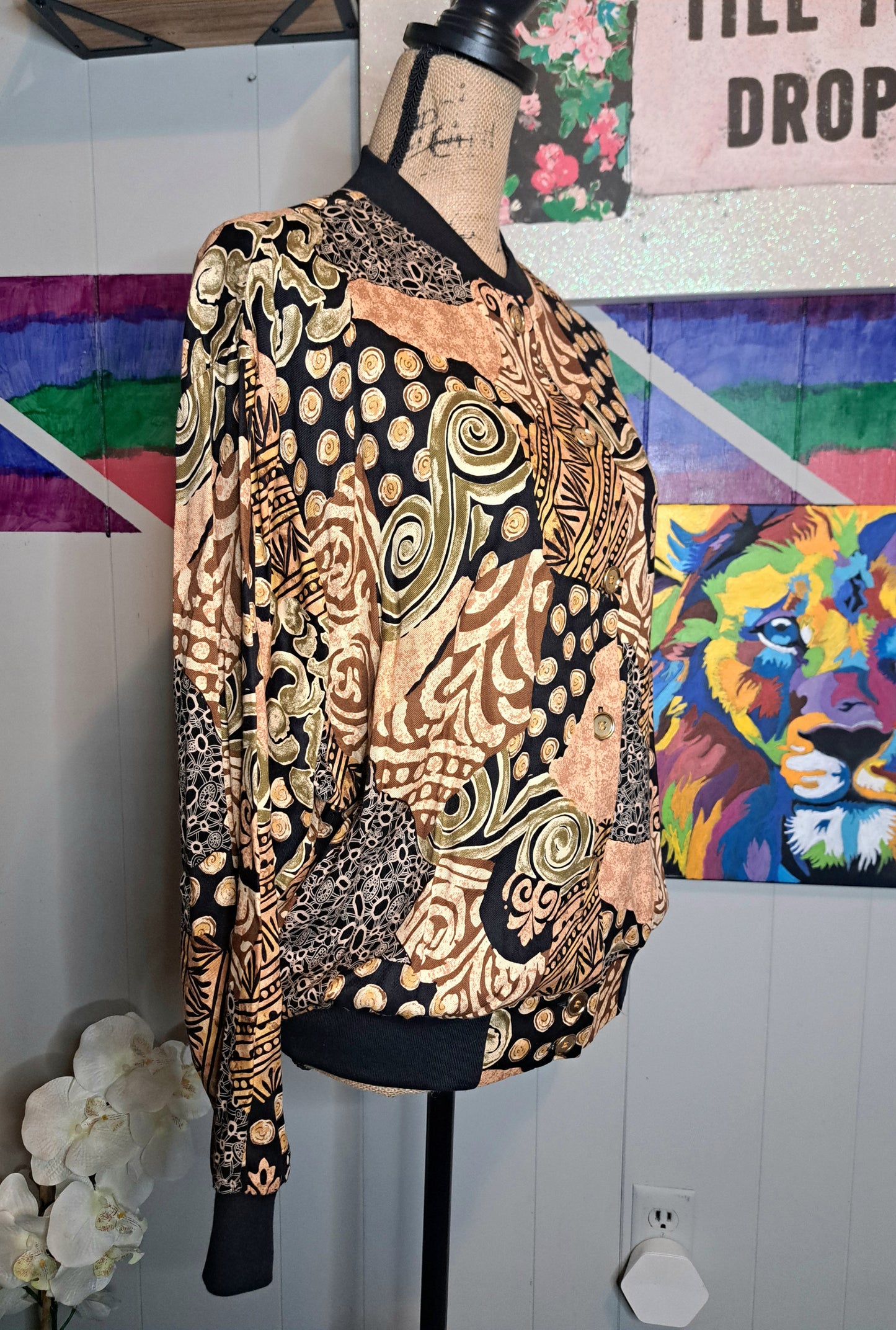 Vtg Tribal Print Lightweight Button Down Bomber Jacket/Top SZ Medium