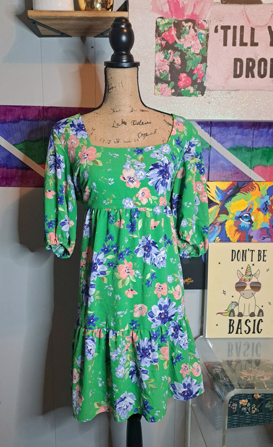 BCBG Kelly Green Floral Print Babydoll Dress SZ X-Large