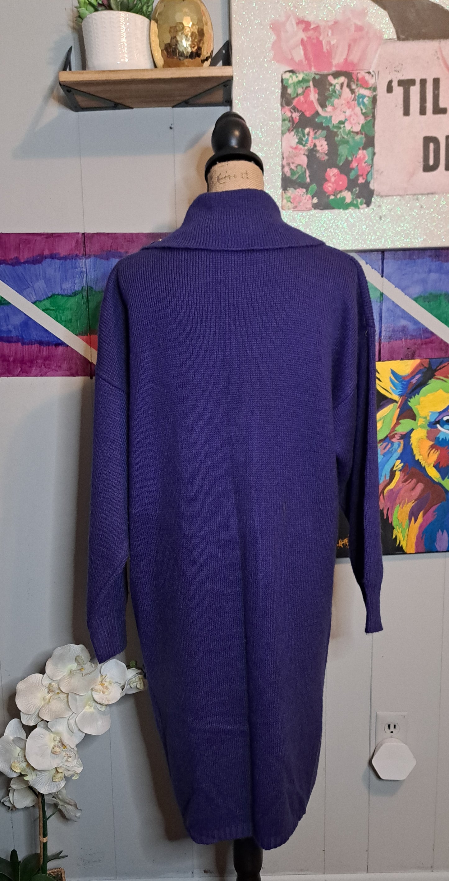 Vtg Purple Multicolored Gemstone Cardigan Duster with Pockets SZ Large