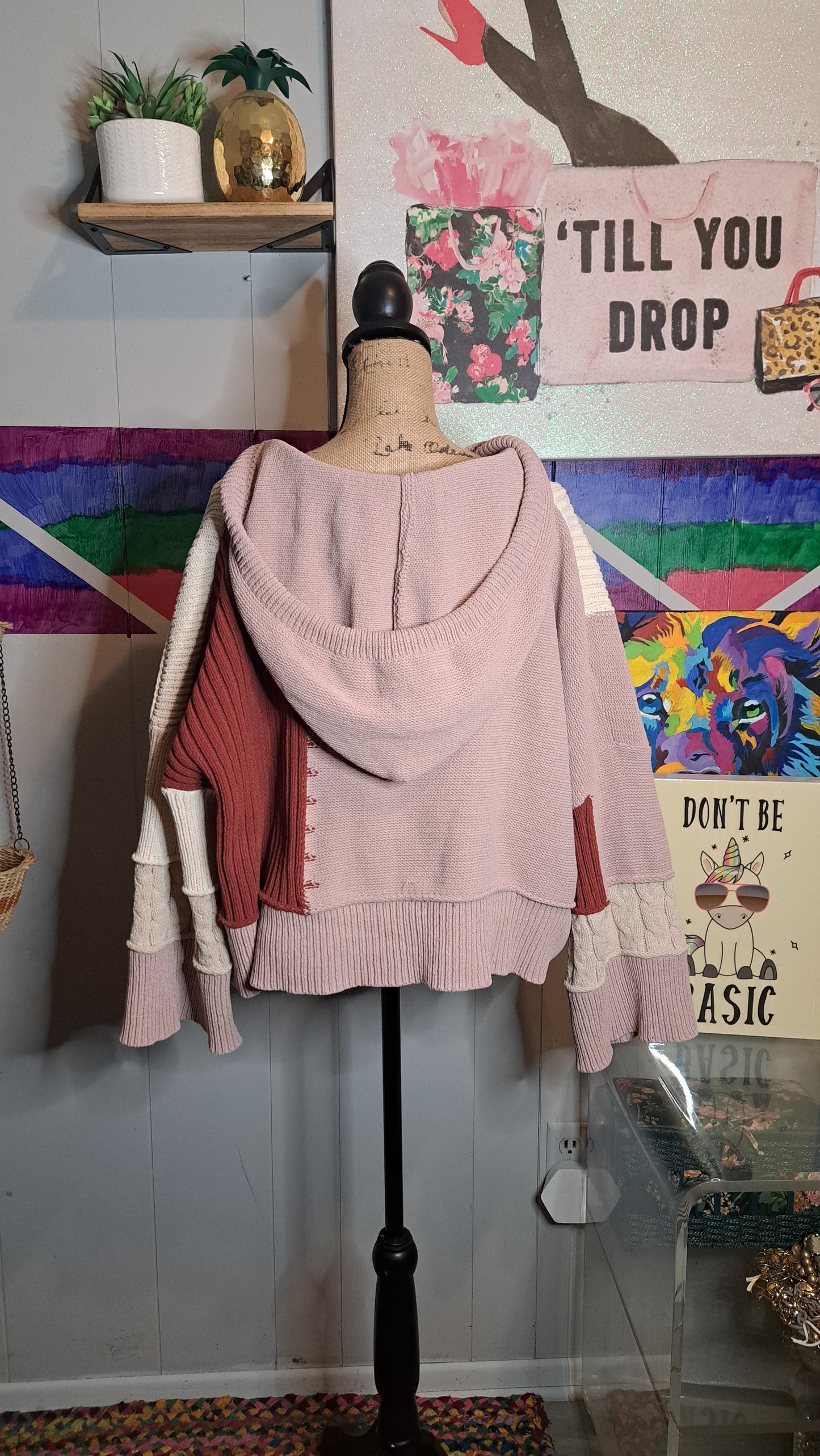 POL Mauve/Creme Chunky Knit Cropped Oversized Hooded Sweater Size Medium (Fits up to a large)