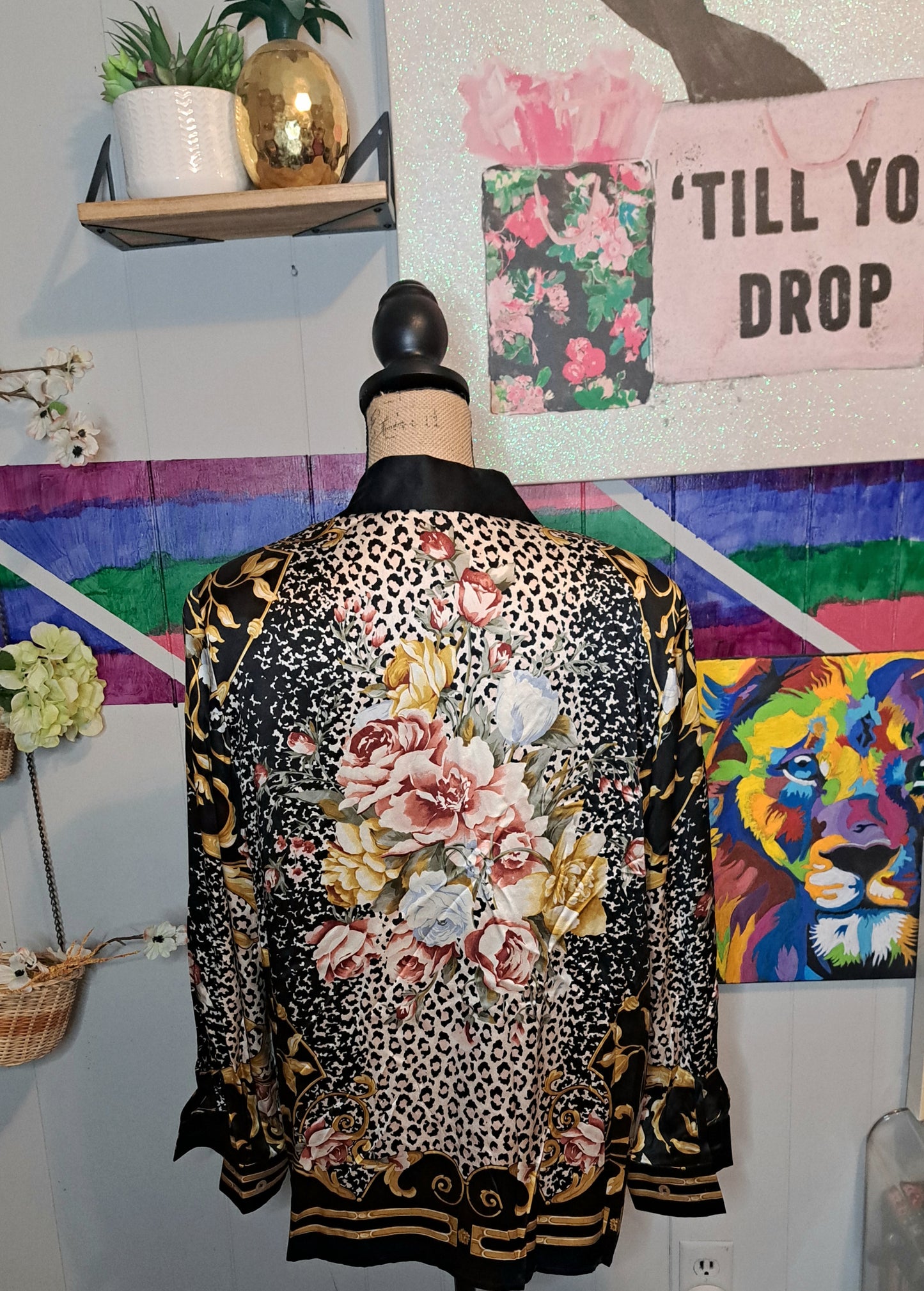 Vtg Linda Allard Ellen Tracy 100% Silk Baroque Mix Print Button Down Top SZ 14 (Best Fits a 12) PTP 22in