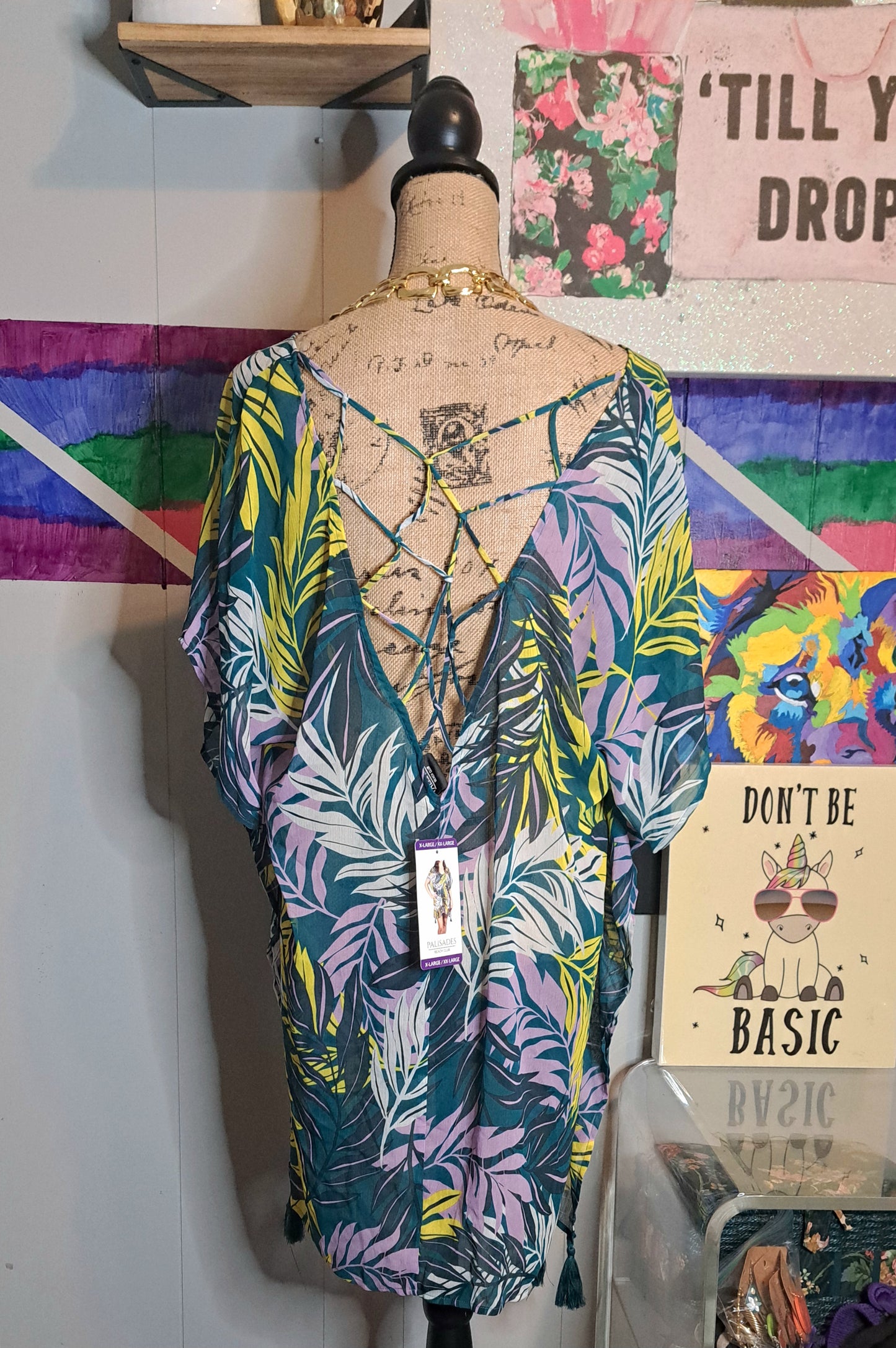 Nwt Semisheer Green & Purple Leaf Print Top/Cover Up SZ XL/XXL