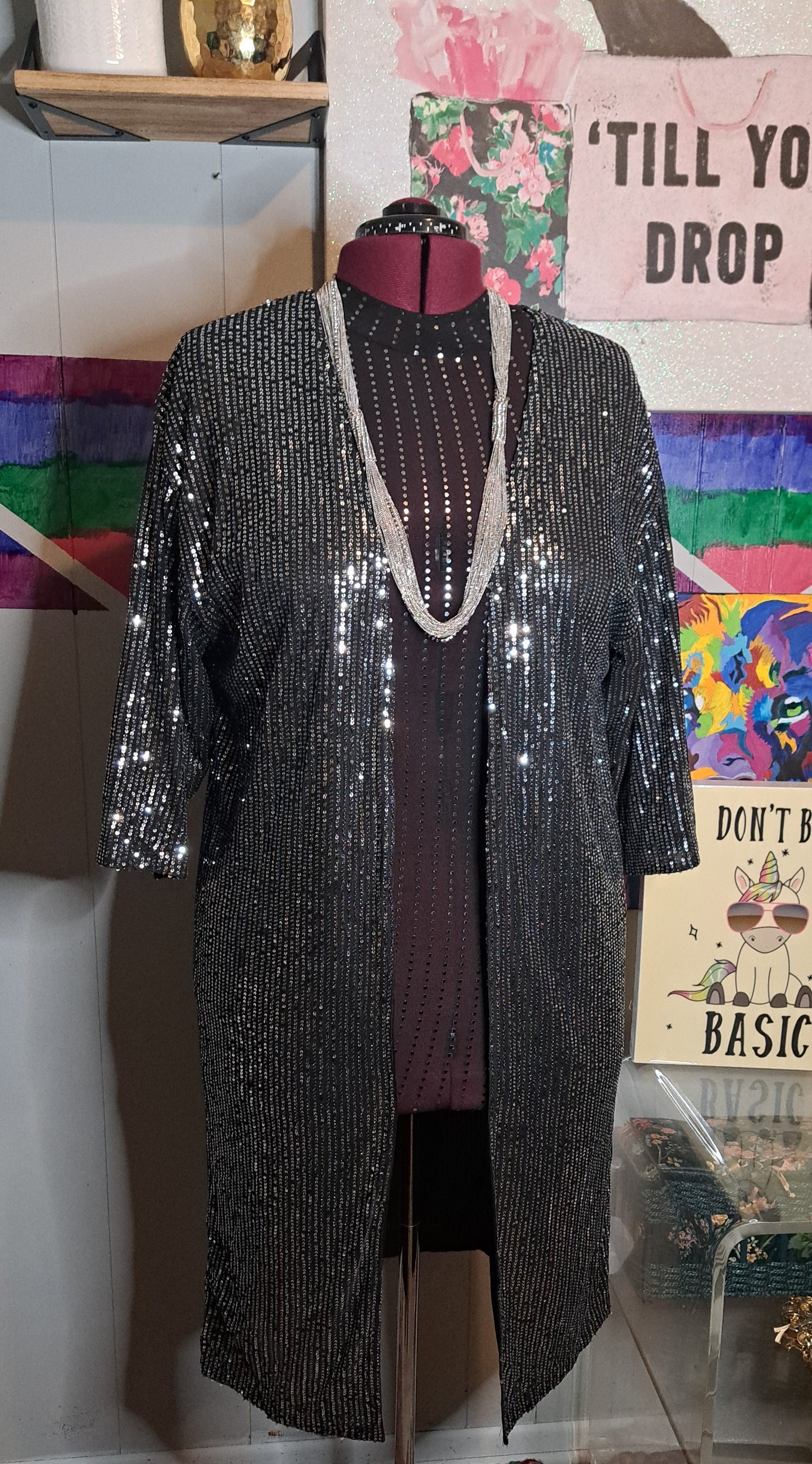 BUNDLE🚨 Nwot Silver/Blk Stretchy Sequin Duster SZ X-Large & Rhinestone Studded Adjsutable Stretch Belt (2pcs)