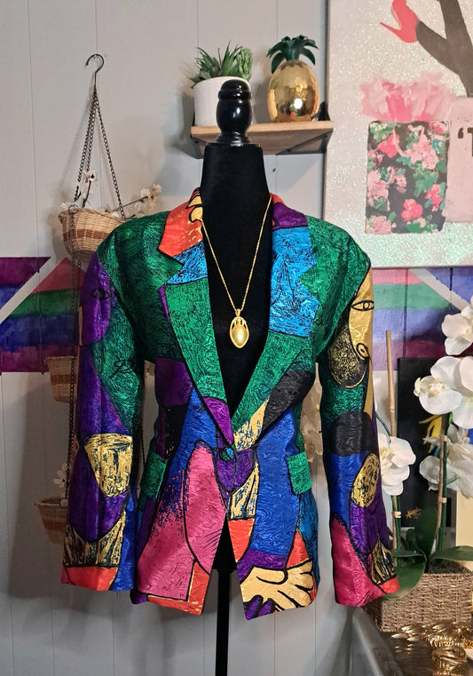 Vtg Picasso Multicolored Blazer with Pockets (No Size Tag)Fits SZ Large Ptp 22in