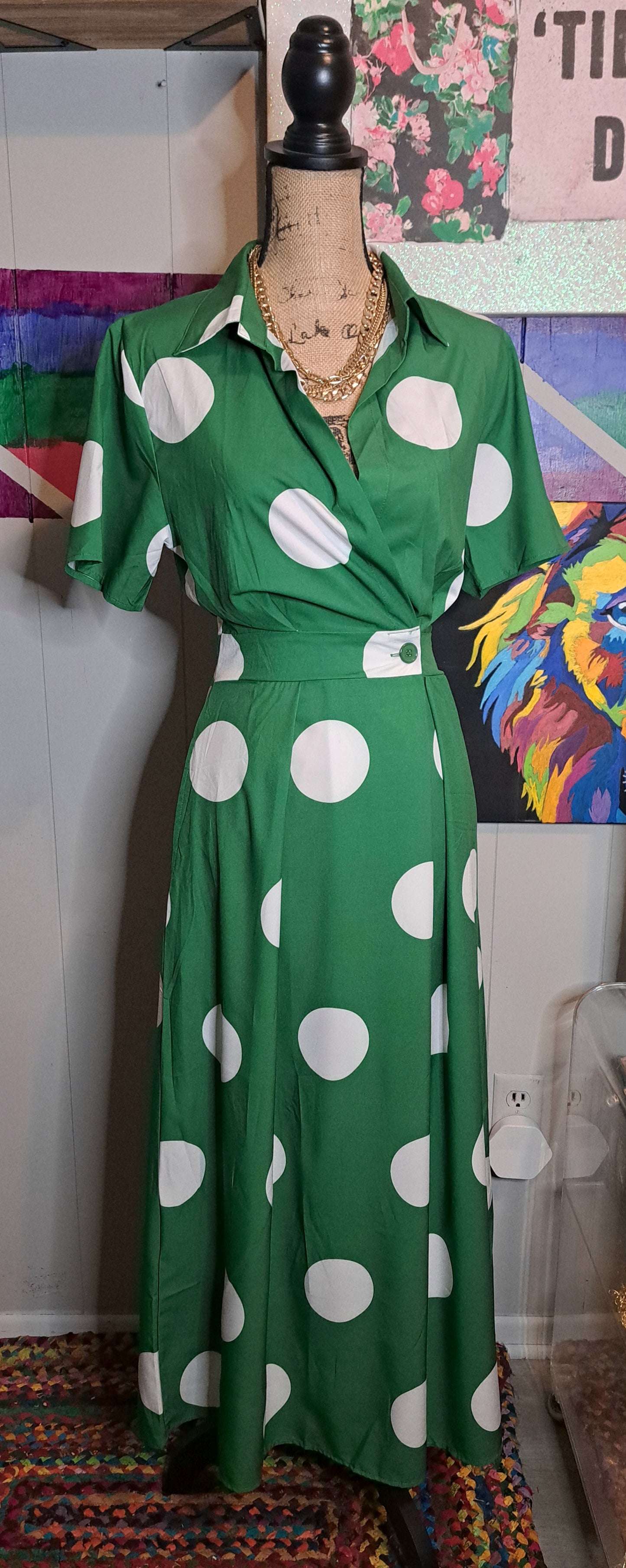 Nwt Boutique Green/Wht Polka Dot Maxi Dress with Pockets SZ Medium (Some Stretch)