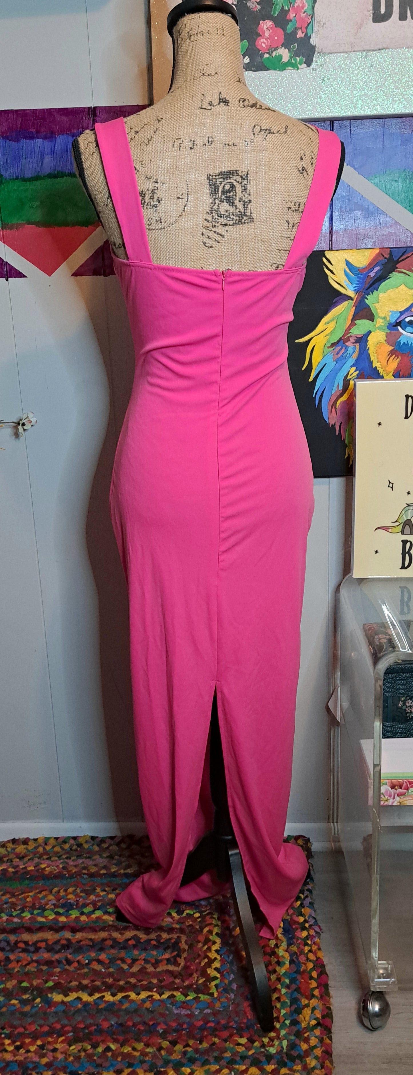 Nwot Boutique Hot Pink/Org Stretchy Bodycon Maxi Dress With Back Zipper (Multiple Sizes Available)