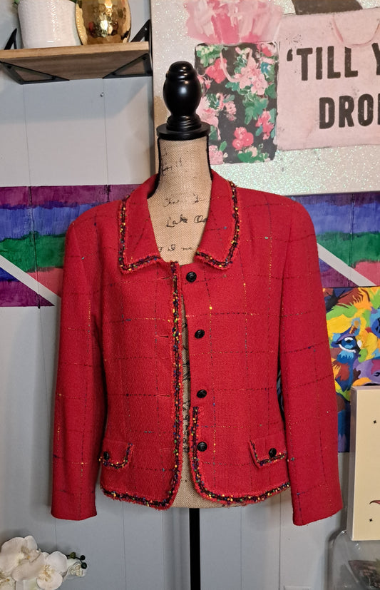 Vtg Rickie Freeman Wool Red/Multicolored Tweed Blazer with Faux Pockets SZ 14 (ptp 22in)