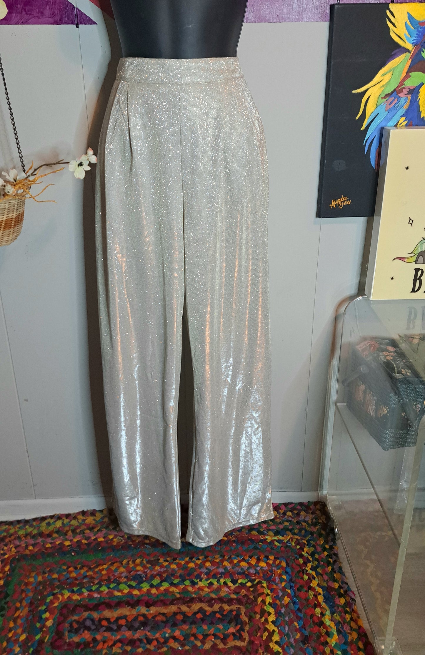 Designer LE LIS Semi Sheer Silver Shimmer Pants with Shorts Lining SZ Medium (Waist 30in) No Stretch