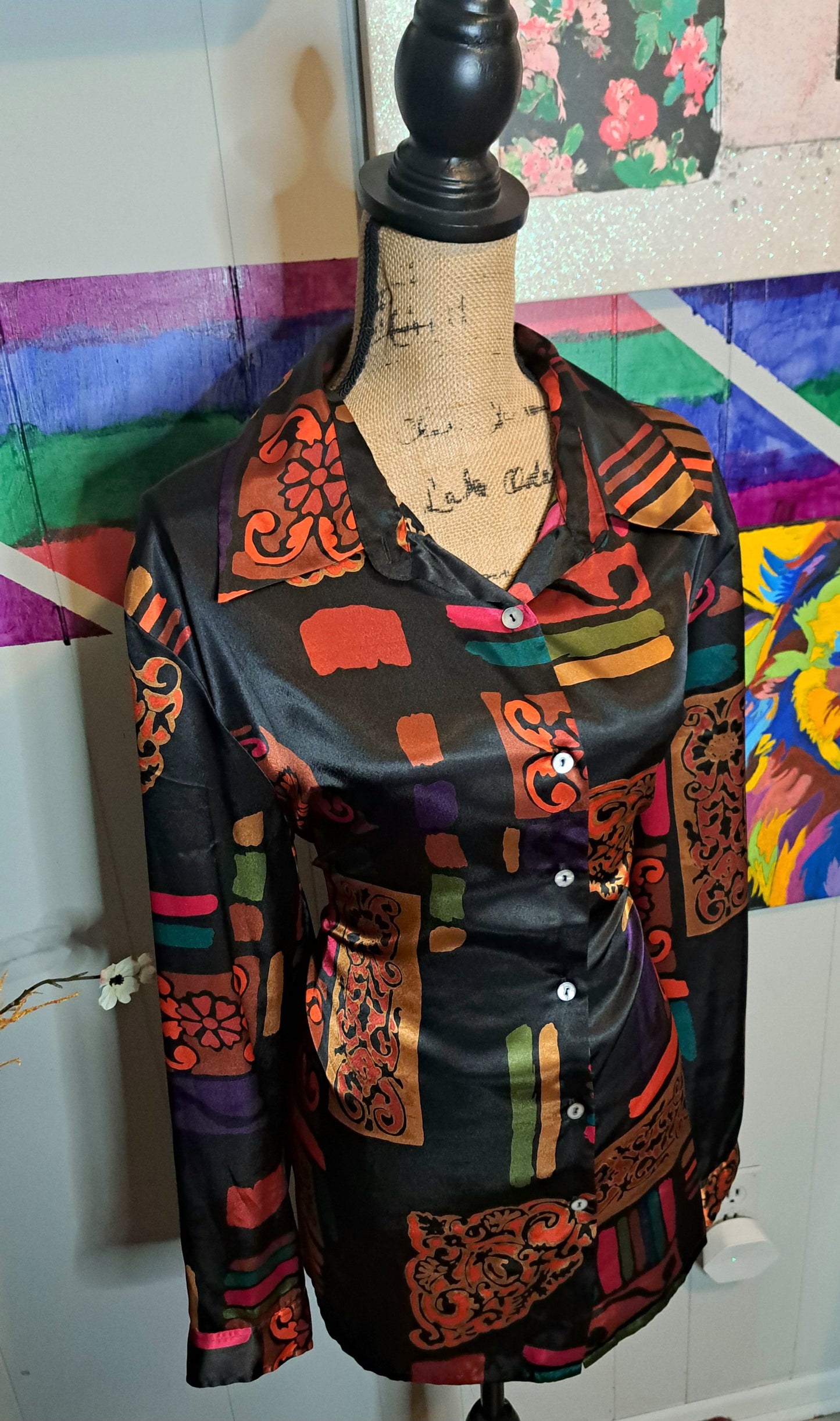 Vtg Multicolored Blk/Multicolored Button Down Top No Size (Best Fits 2X) Ptp 27in