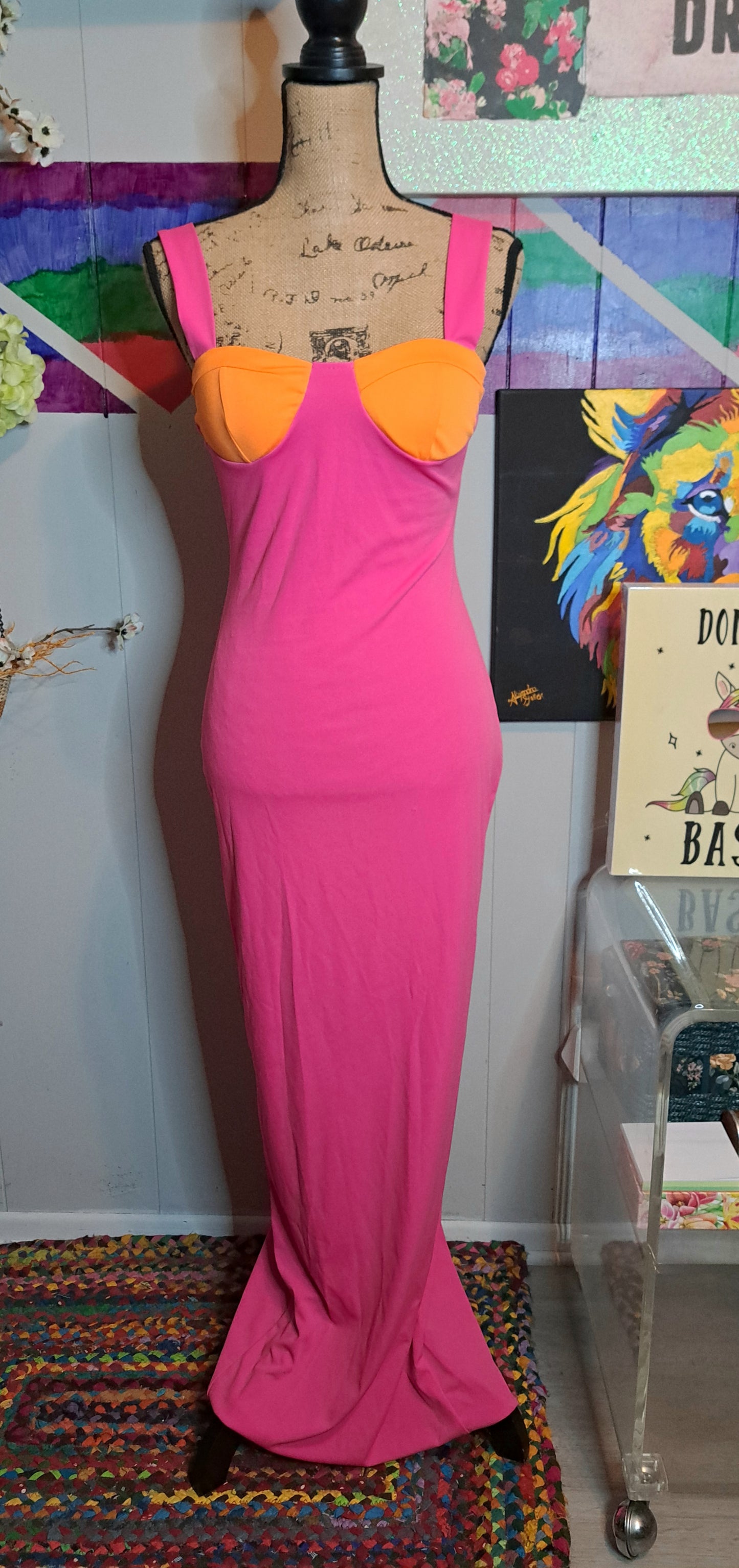 Nwot Boutique Hot Pink/Org Stretchy Bodycon Maxi Dress With Back Zipper (Multiple Sizes Available)