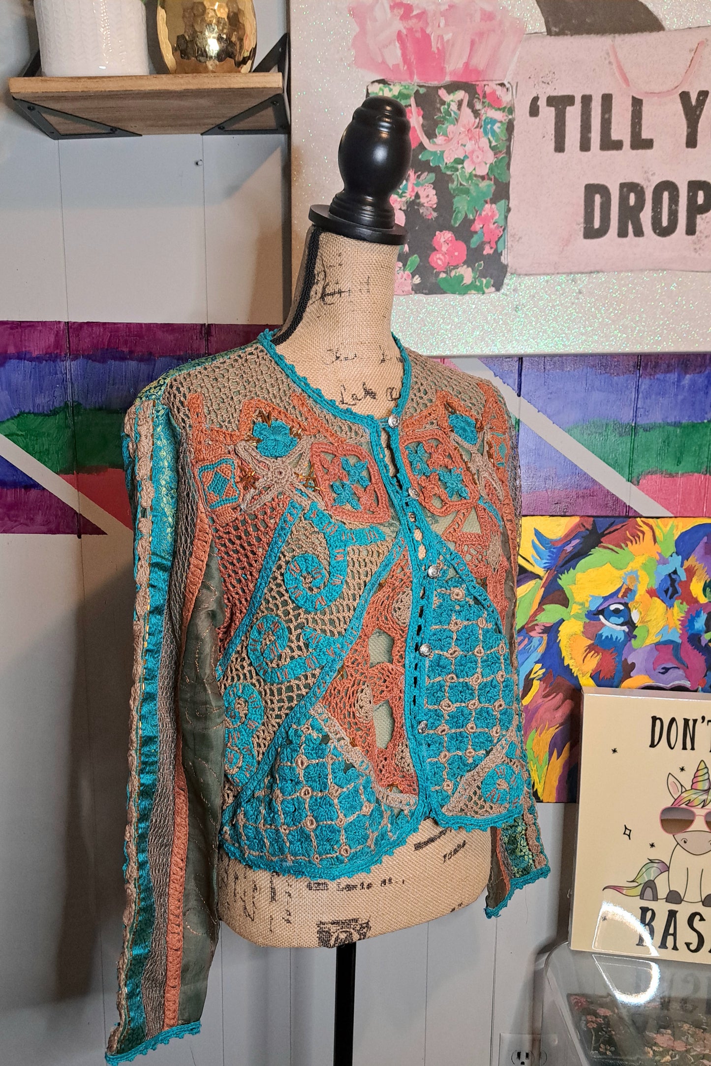 Vtg Sandy Starkman Silk/Cotton Turquoise/Brown Crochet with Mesh Cutouts Cropped Jacket SZ Medium