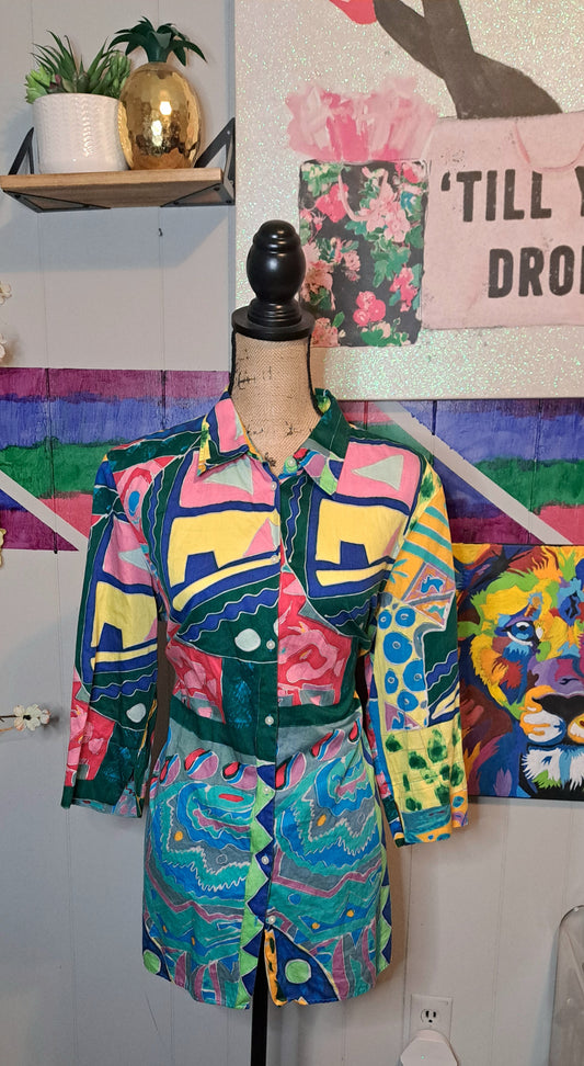 Vtg Ralph Lauren Abstract Button Down Tunic Top SZ 1X (Ptp 23in) Best Fits 14/16