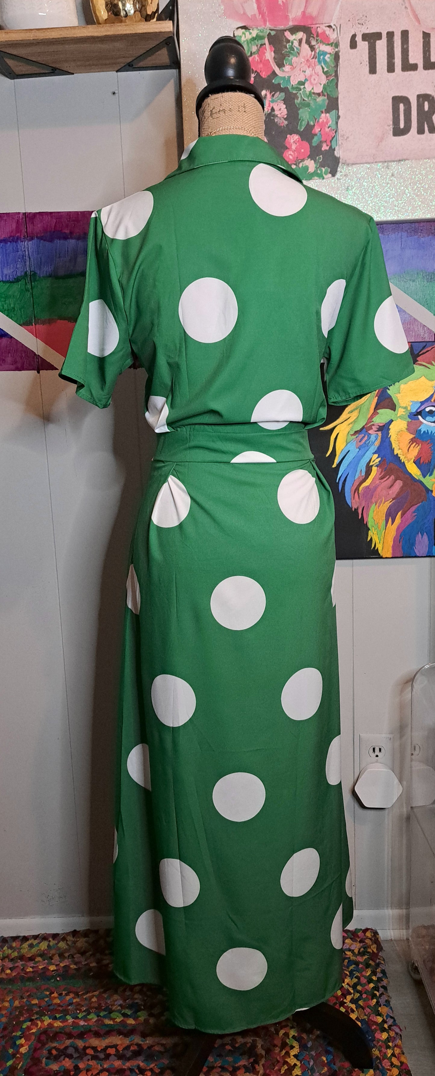 Nwt Boutique Green/Wht Polka Dot Maxi Dress with Pockets SZ Medium (Some Stretch)