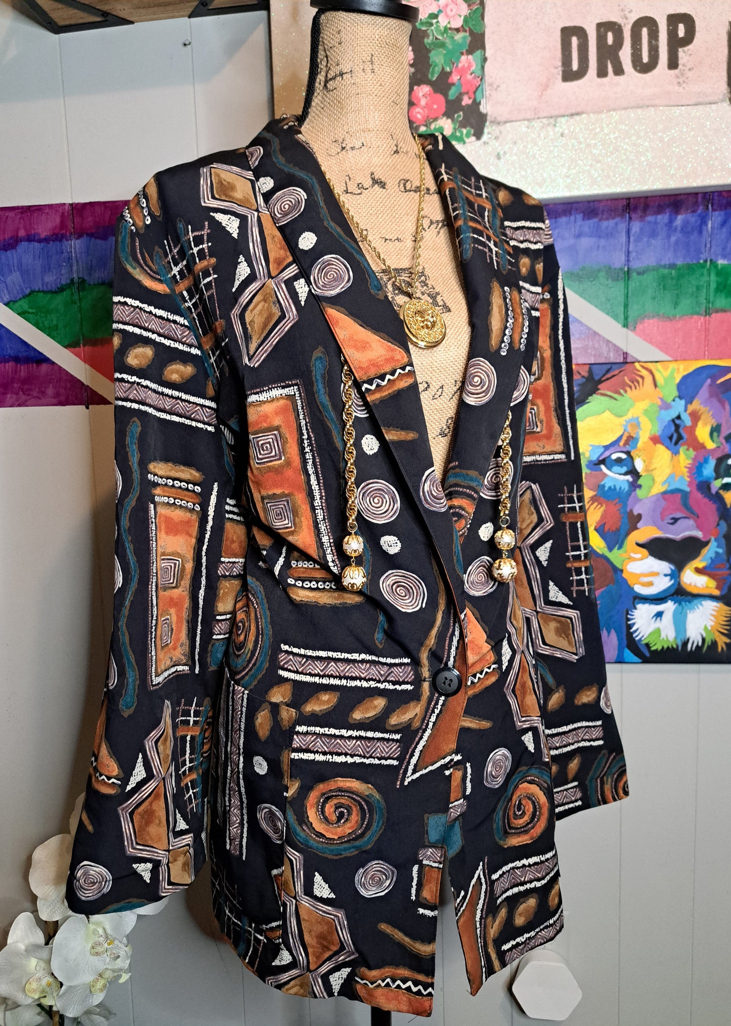 Vtg Kensington Square Abstract Printed Blazer with Pockets SZ 18 (Ptp 27in)