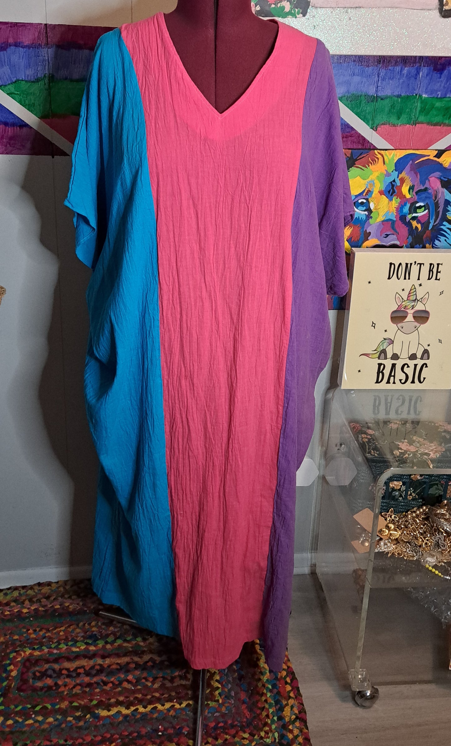 Vtg Colorblock Cotton Gauze Kaftan Dress One Size (S-3X)