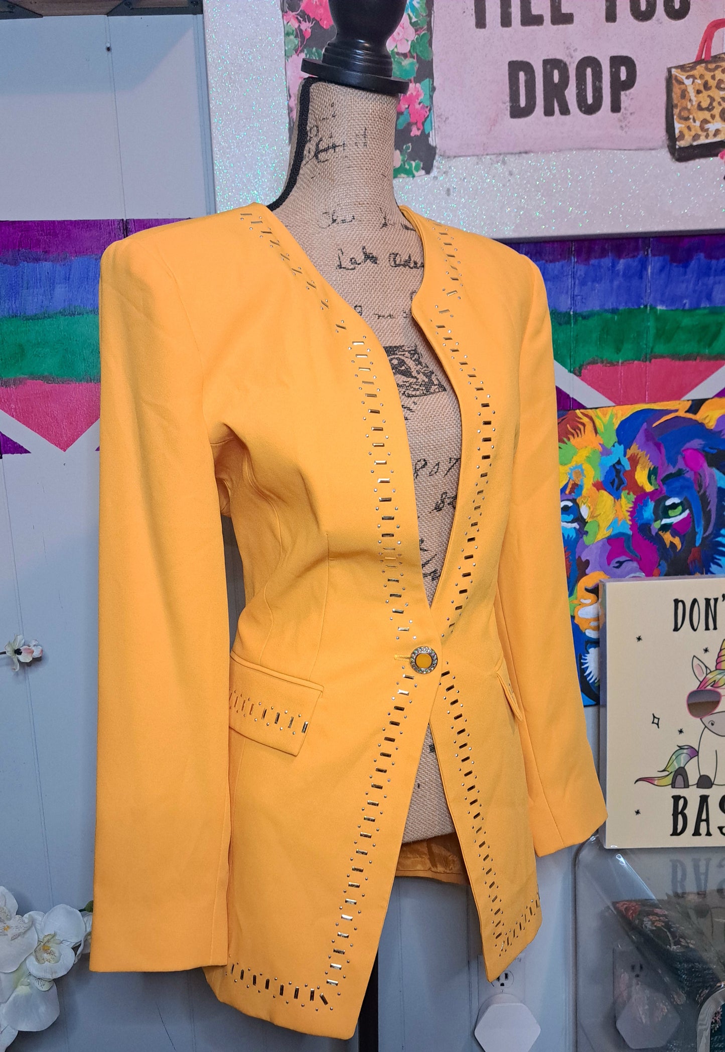 Vtg Yellow Rhinestone Embellished Blazer with One Button Closure SZ 8 (Fits up to a SZ 10) (***Small removable spot on right side***)