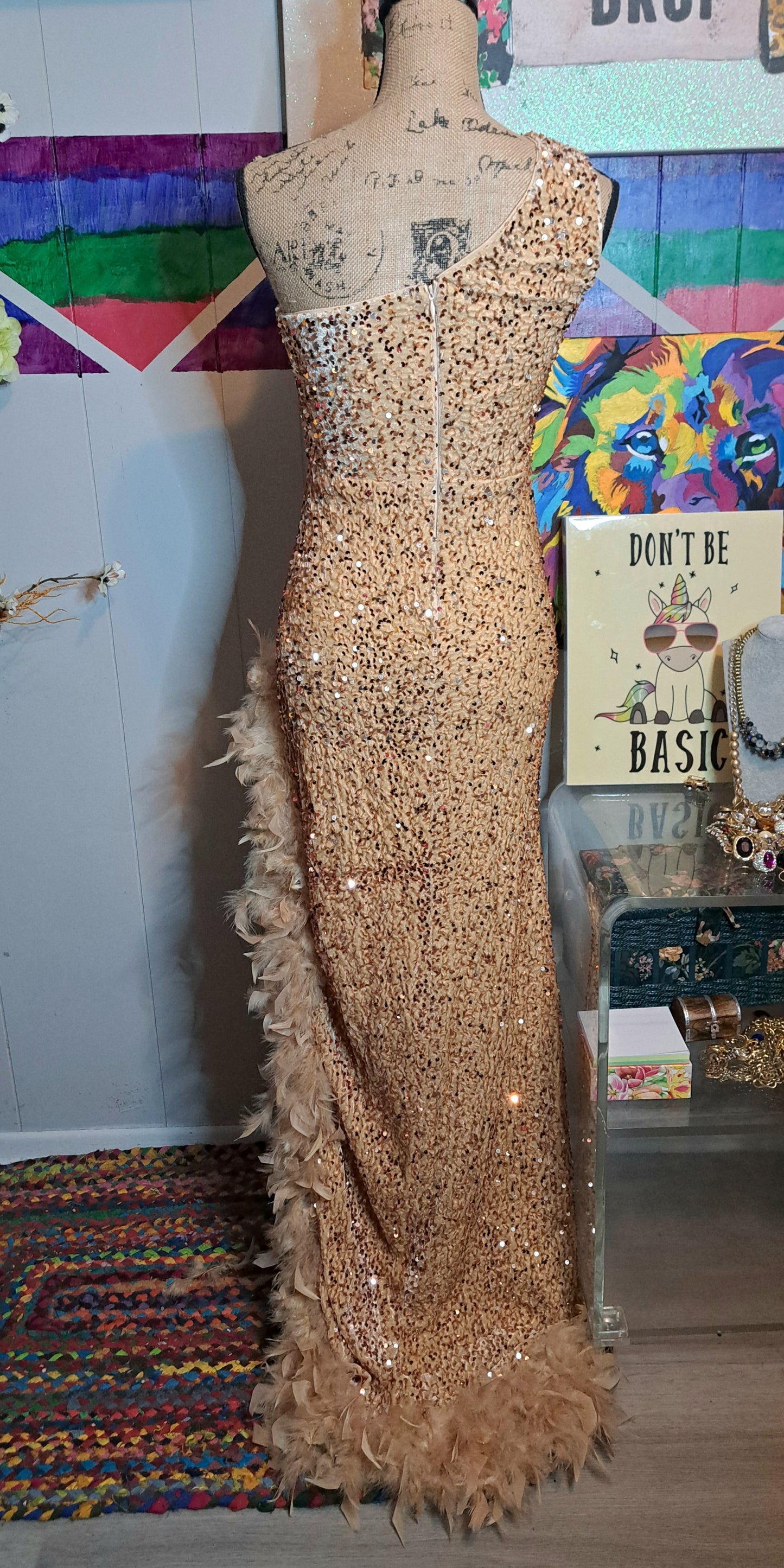 Nwot FashionNova LUXE Flesh Tone Mesh Bust Gold Sequin Feather Side Slit Gown/Dress SZ Medium (With Good Stretch)