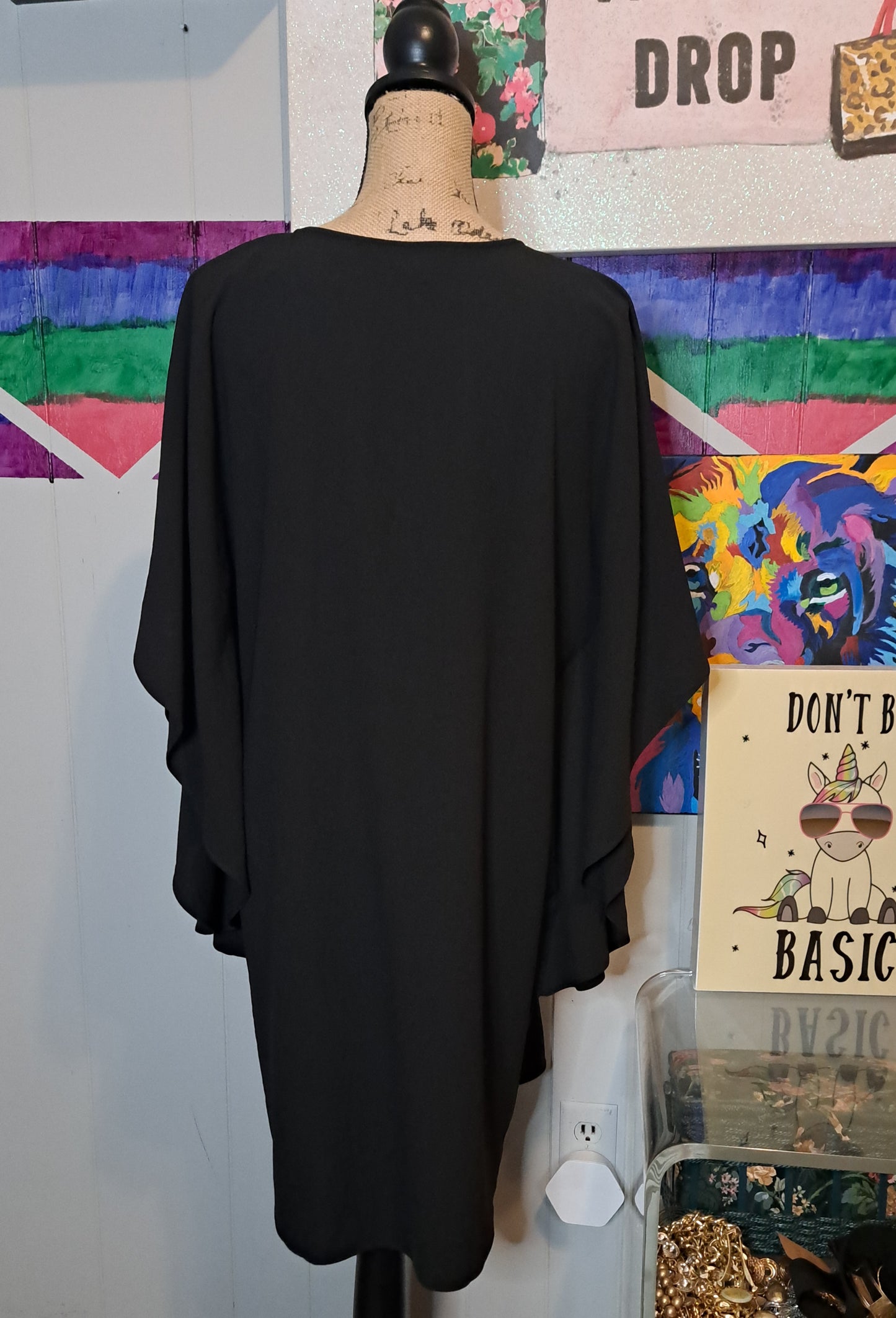 Sharagano Black Dramatic Sleeve Kaftan Dress SZ 12