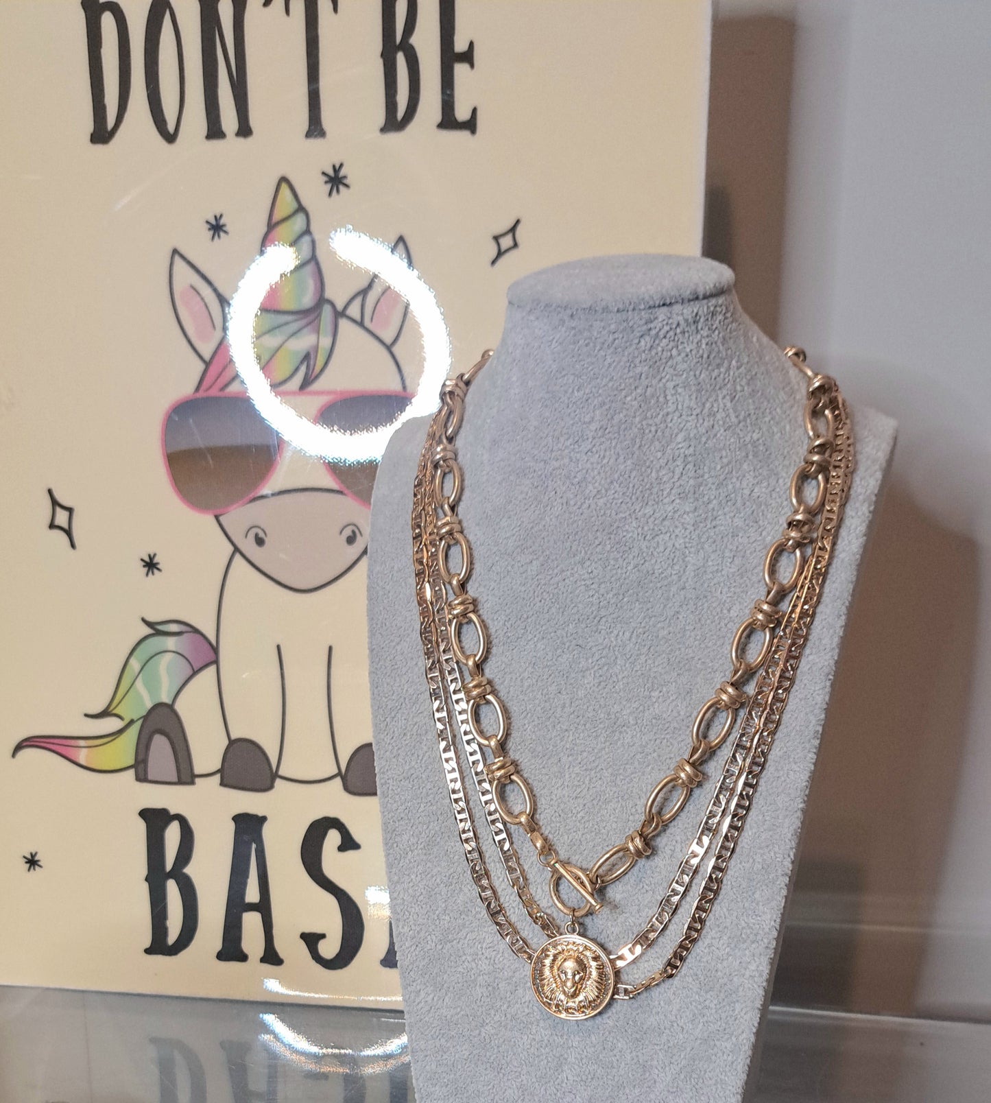 Modern Gold Tone 2pc Lion and Chainlink Necklace Bundle