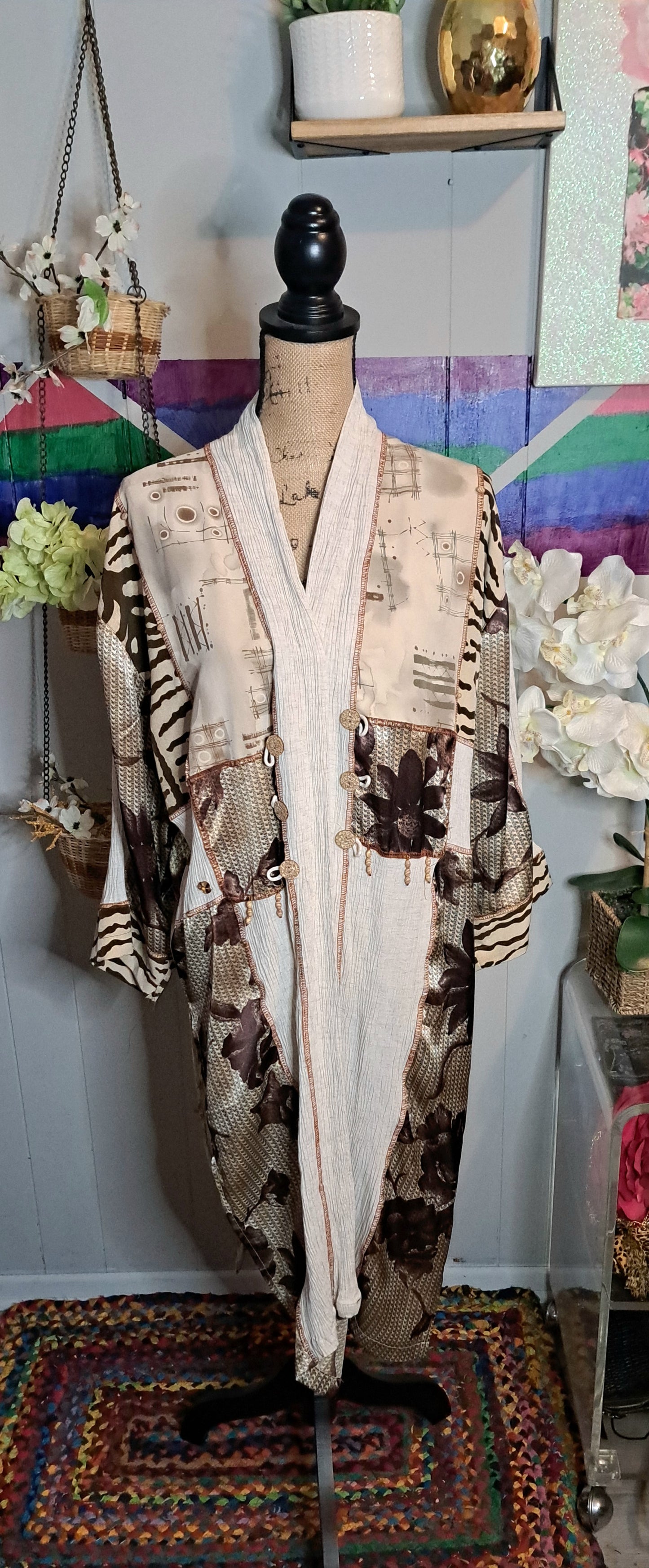 Vtg Neutral Tone Patchwork Duster M/L