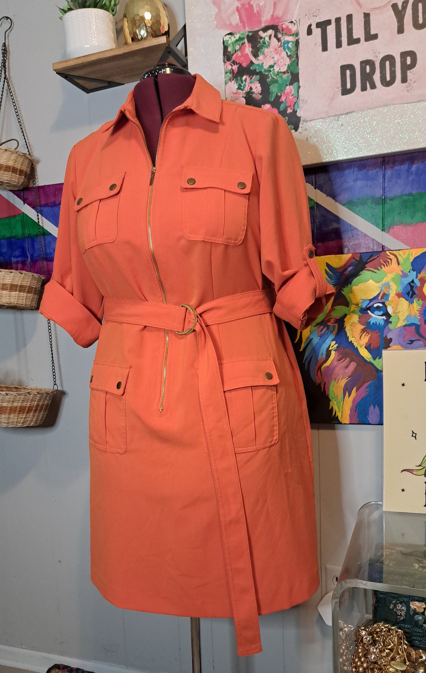 Sharagano Orange Military Style Dress with Matching Belt, Cargo Pockets & Adjustable Sleeves SZ 16W (With Stretch)