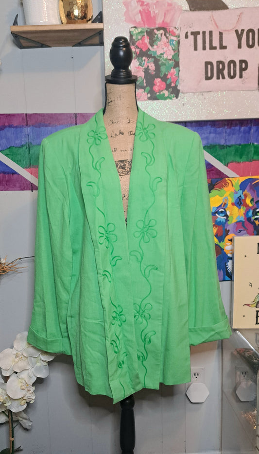 Vtg Green Embroidered Open Front Swing Blazer With Pockets SZ 22 (Ptp 27in)