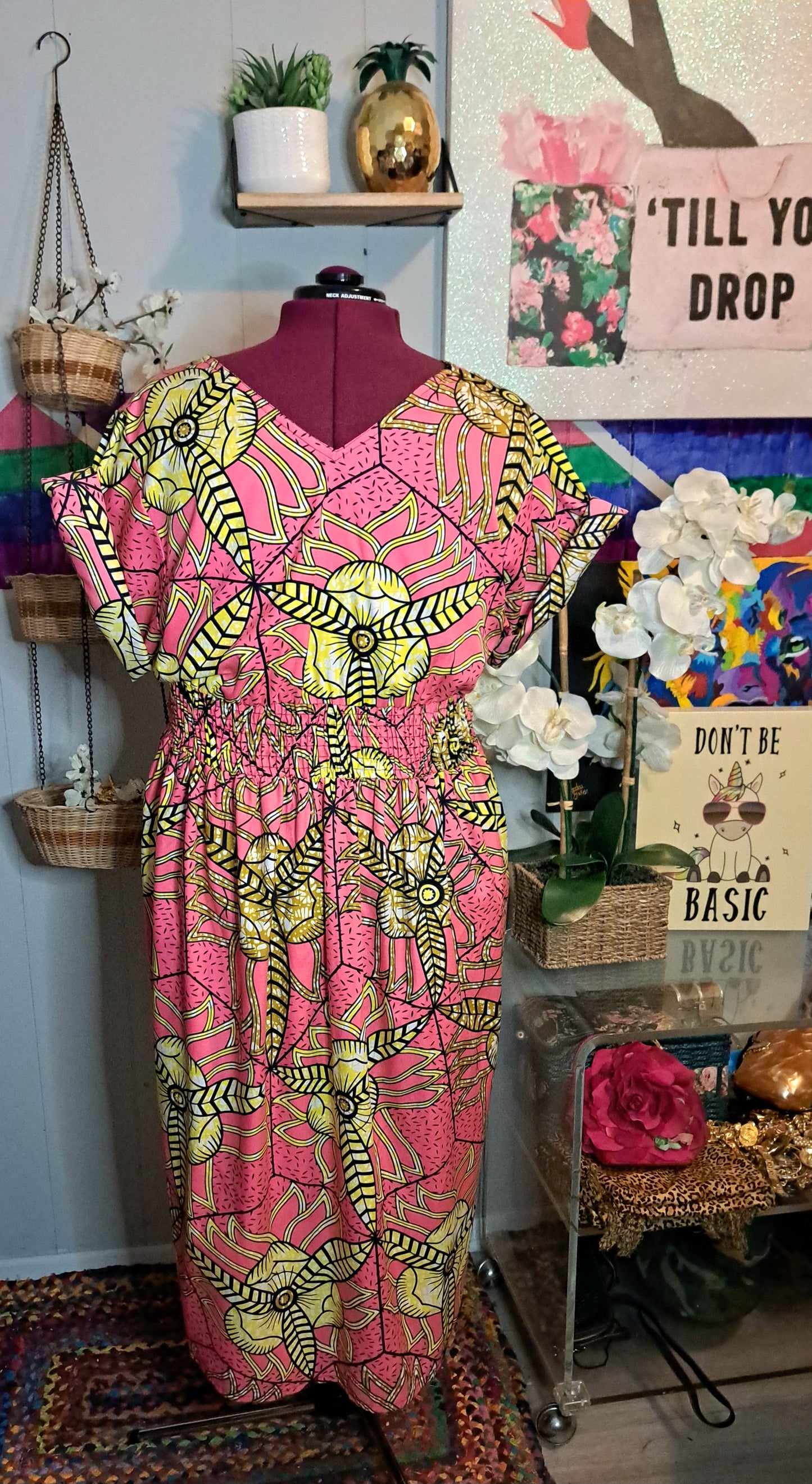 African Print Yellow & Pink Dress with Pockets SZ 3X BEST FITS 18/20)Ptp 25in