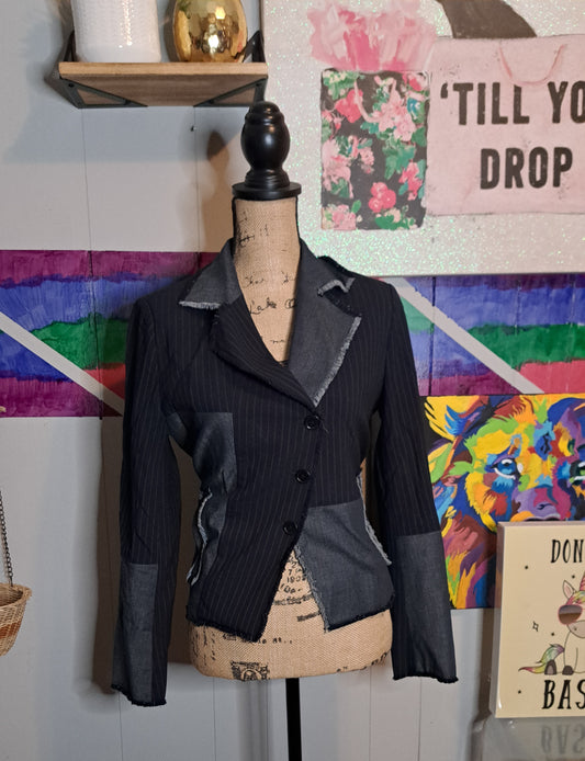 Navy Blue Pinstripe/ Distressed Denim Blazer with Pockets SZ Small (Minimal Stretch)