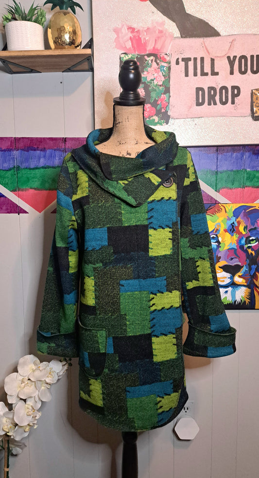 Terra Green/Blue Patchwork Print Sweater Jacket with Pockets SZ Medium (Fits up to a Large)