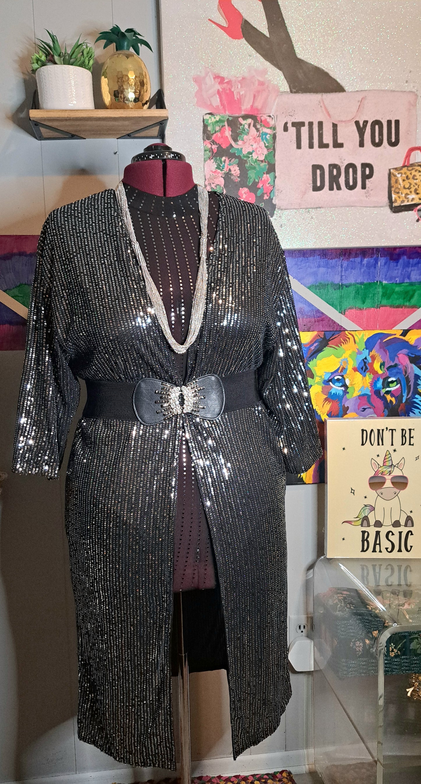 BUNDLE🚨 Nwot Silver/Blk Stretchy Sequin Duster SZ X-Large & Rhinestone Studded Adjsutable Stretch Belt (2pcs)