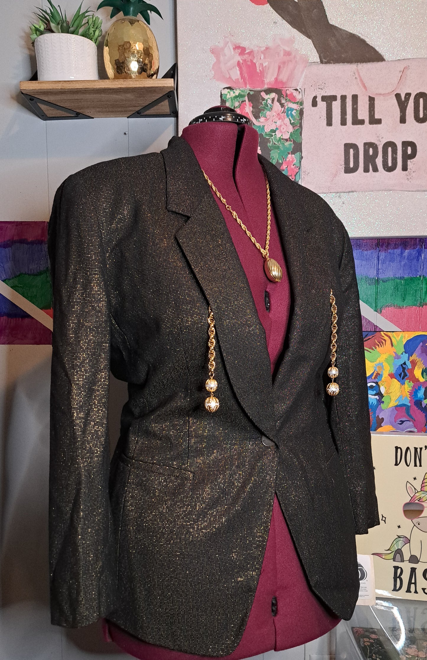 Nwt Vtg Evan Picone Blk & Gold Shimmer Blazer with Pockets SZ 16