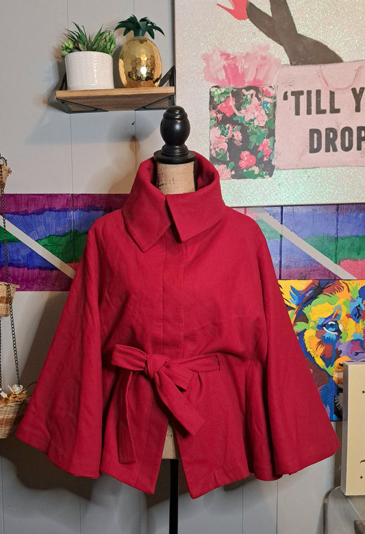 Premium Brand Camí NYC Cherry Red Wool Button Down Cape Coat with Built In Belt SZ Medium